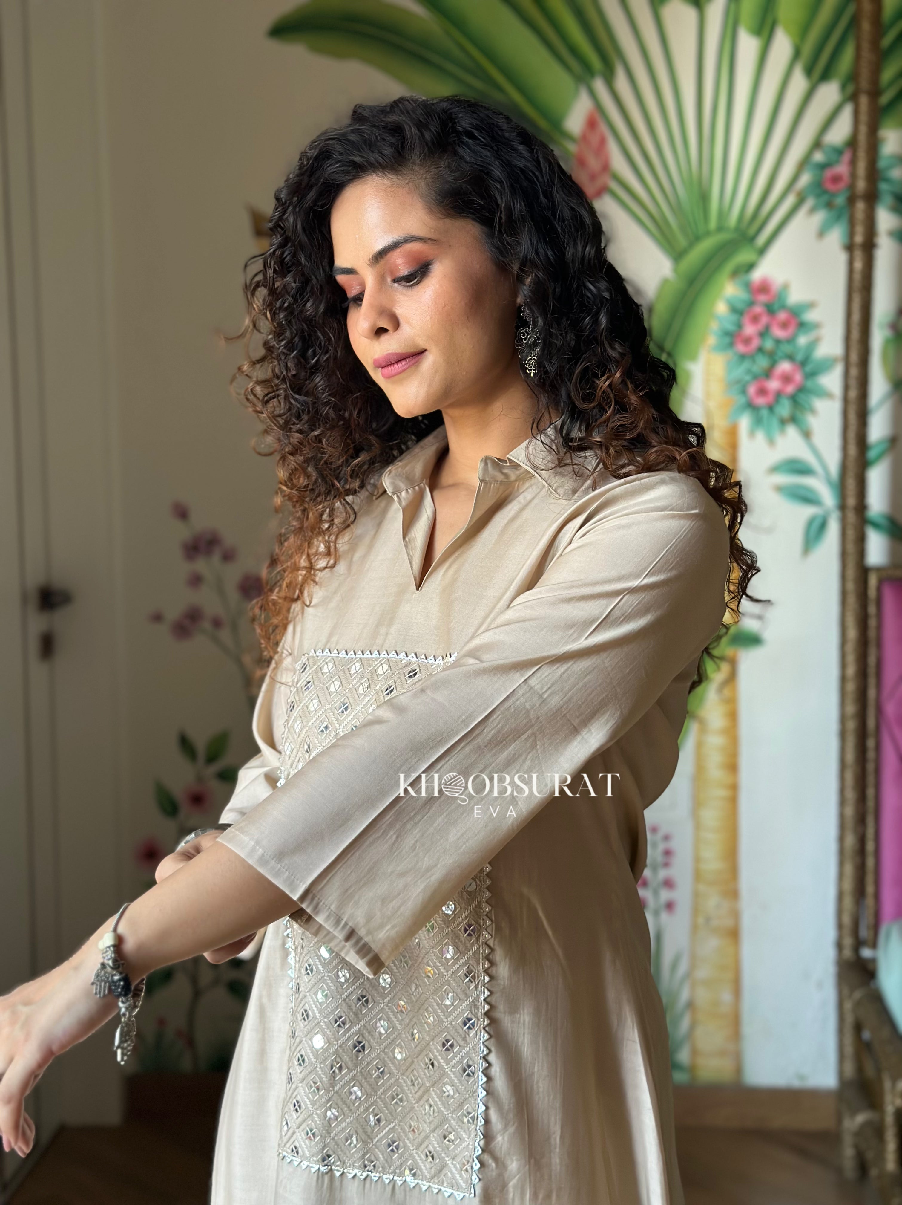 Bonjour Begum Beige Sequin Kurta Set - Elegant Indian Embroidered Top & Pants Outfit for Women | Perfect for Weddings, Parties & Festive Occasions
