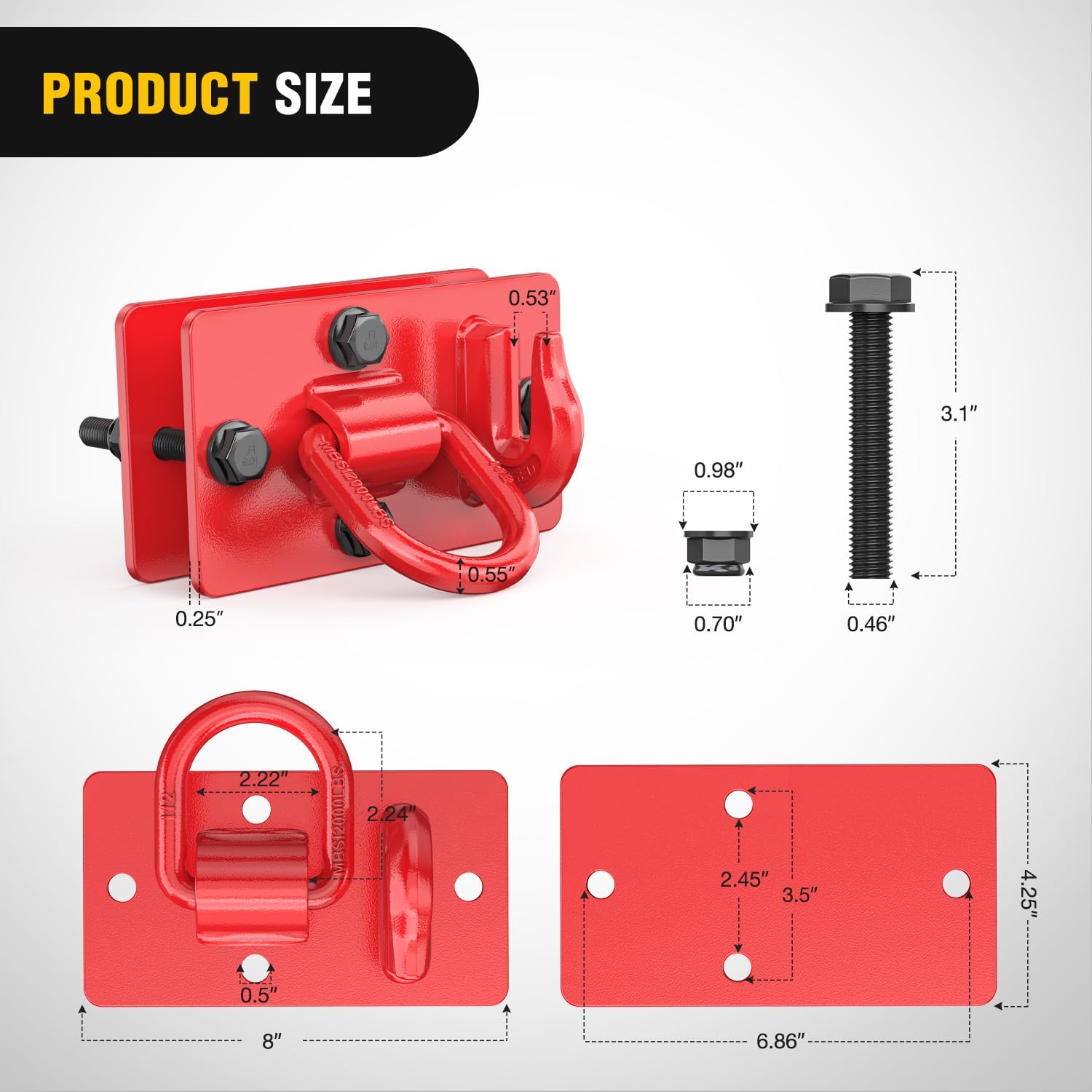 Heavy Duty Tractor Bucket Hooks with Tie Down Ring - Red (2 Pack) - Perfect for Farm Equipment, Construction & Towing Applications