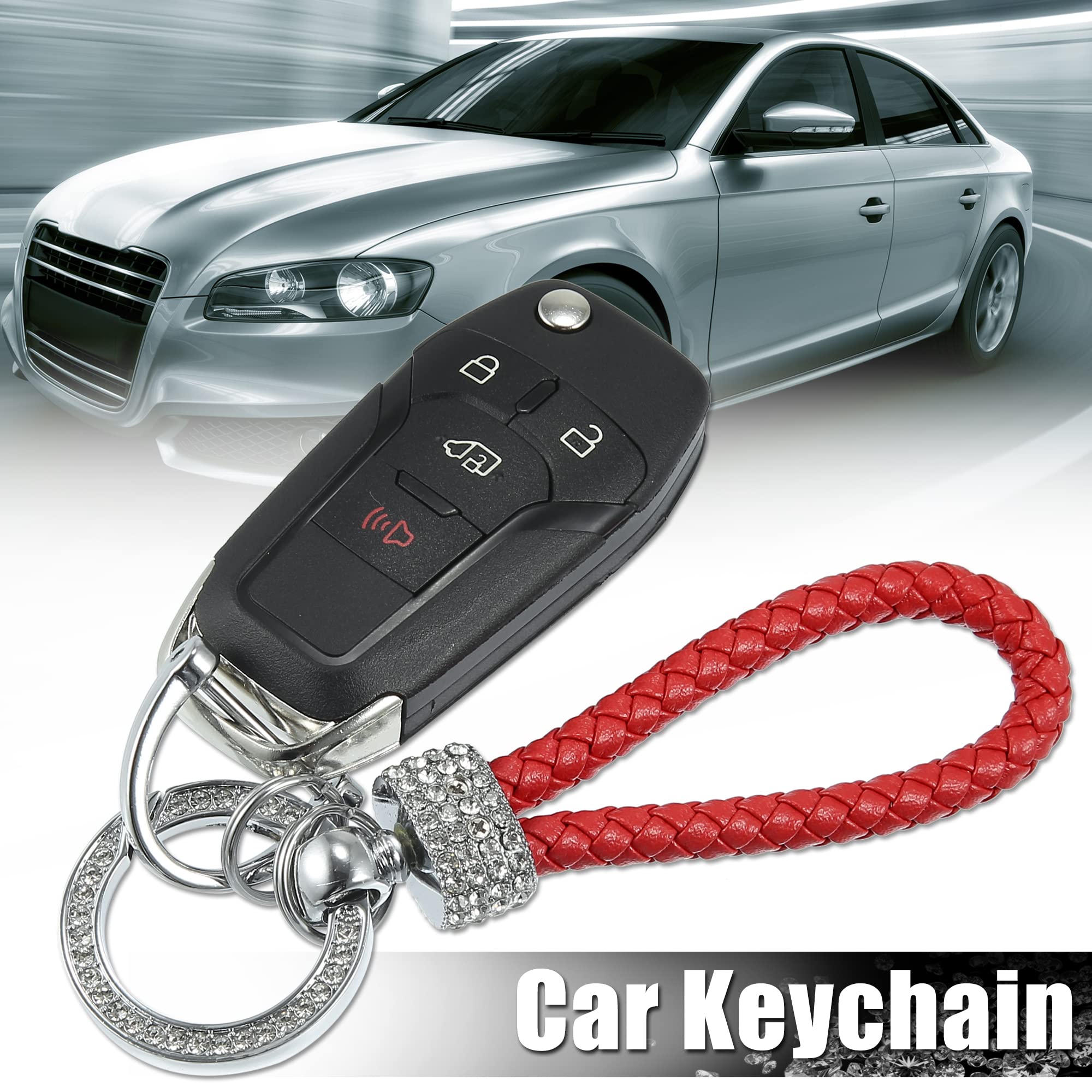 X AUTOHAUX Braided PU Leather Car Key Chain with 360° Rotatable D-Ring - Stylish Key Holder for Men & Women (Red) - Perfect for Key Organization, Car Keys, and Everyday Carry Accessories