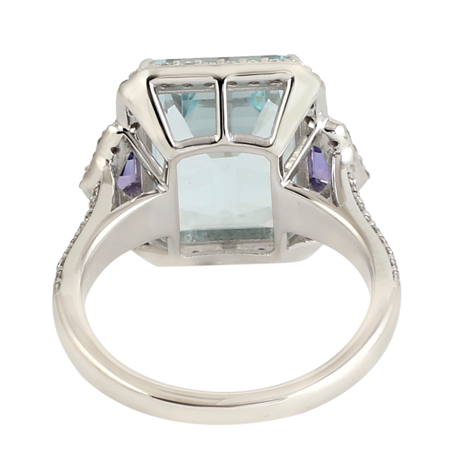 18K White Gold Emerald Cut Aquamarine Tanzanite Diamond Three Stone Ring - Elegant Bridal Jewelry for Engagement & Anniversary Gifts