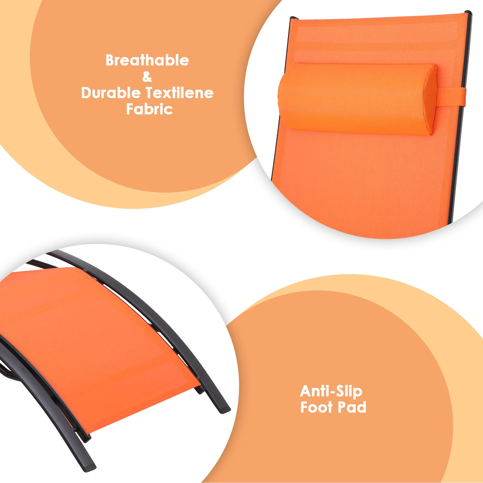 **AthLike 3-Piece Pool Chair Set with Headrest – 5-Level Adjustable Patio Chaise Lounge for Sunbathing, Tanning – Outdoor Beach & Poolside Recliner Chairs with Side Table (Orange) – Perfect for Backyard, Resort, or Vacation Relaxation**