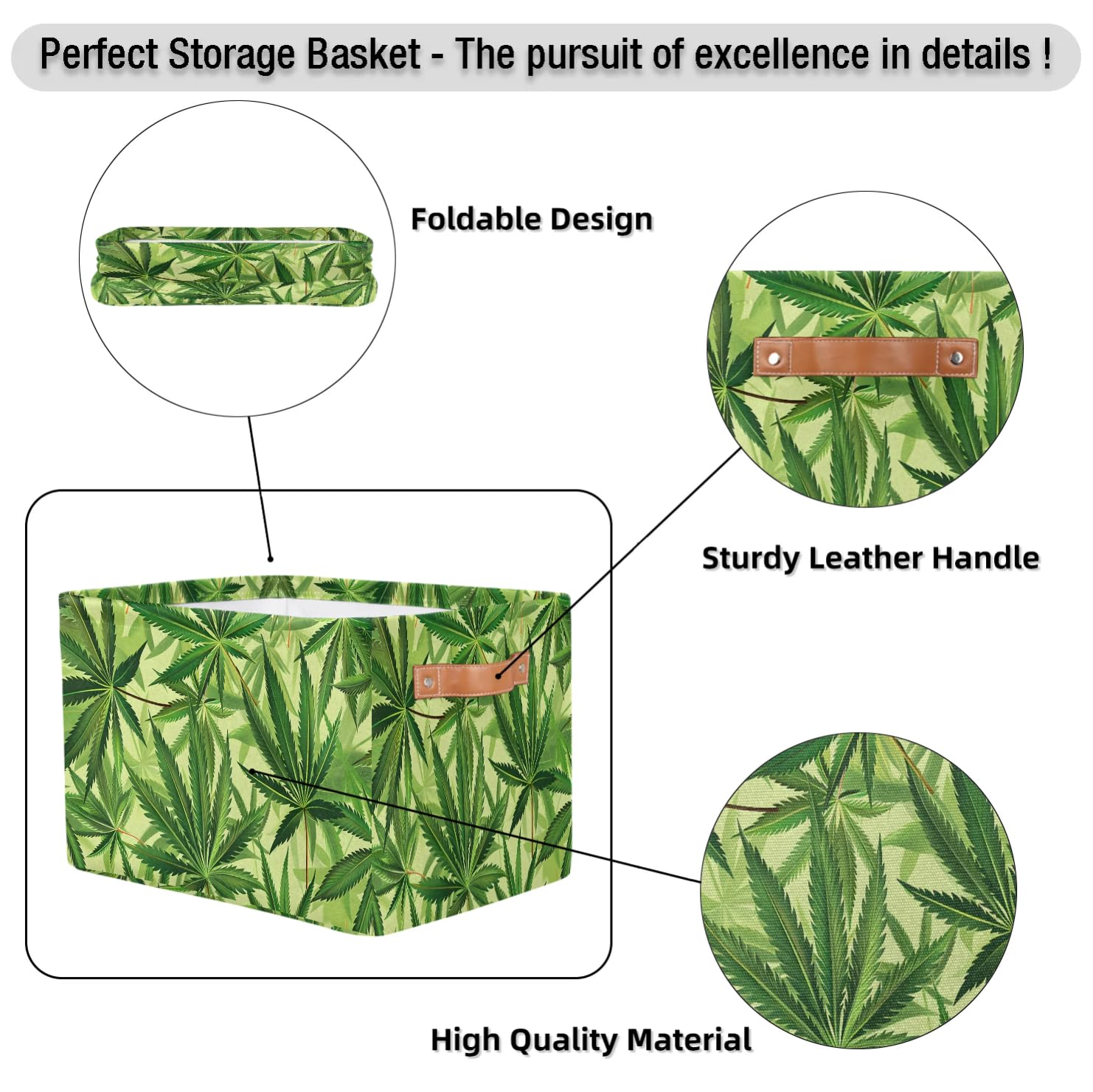 Large Cannabis Leaf Storage Baskets - 2 Pack Fabric Closet Organizers with Handles, Decorative Collapsible Shelving Bins for Home Organization | Perfect for Storing Clothes, Toys & Bedroom Essentials