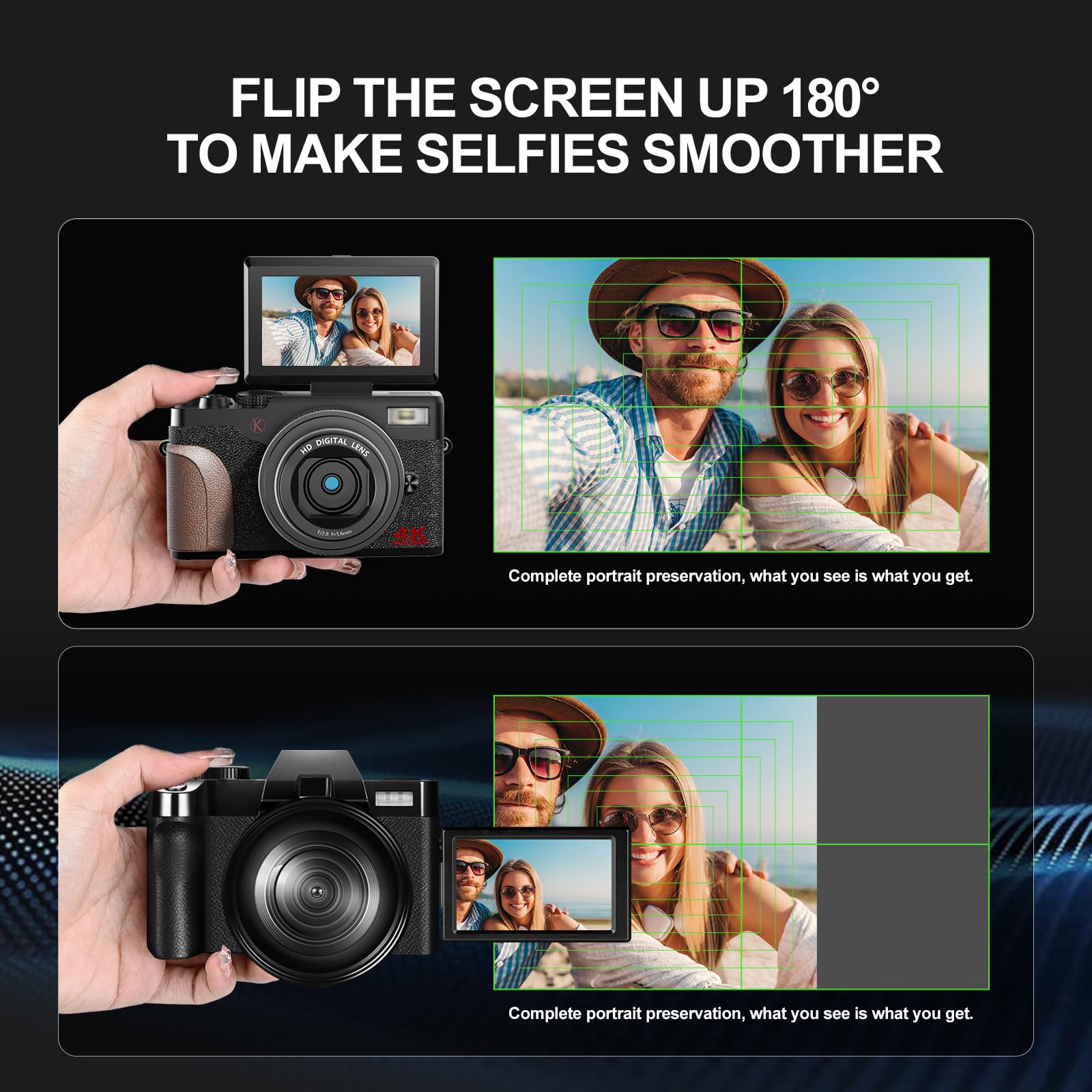 56MP Digital Camera with 4K Video & 180° Flip Screen - 16X Zoom Point and Shoot Camera for Photography, YouTube Vlogging - Compact Travel Camera for Beginners (Includes 32GB SD Card & 2 Batteries) - Perfect for Travel, Family Events & Content Creation