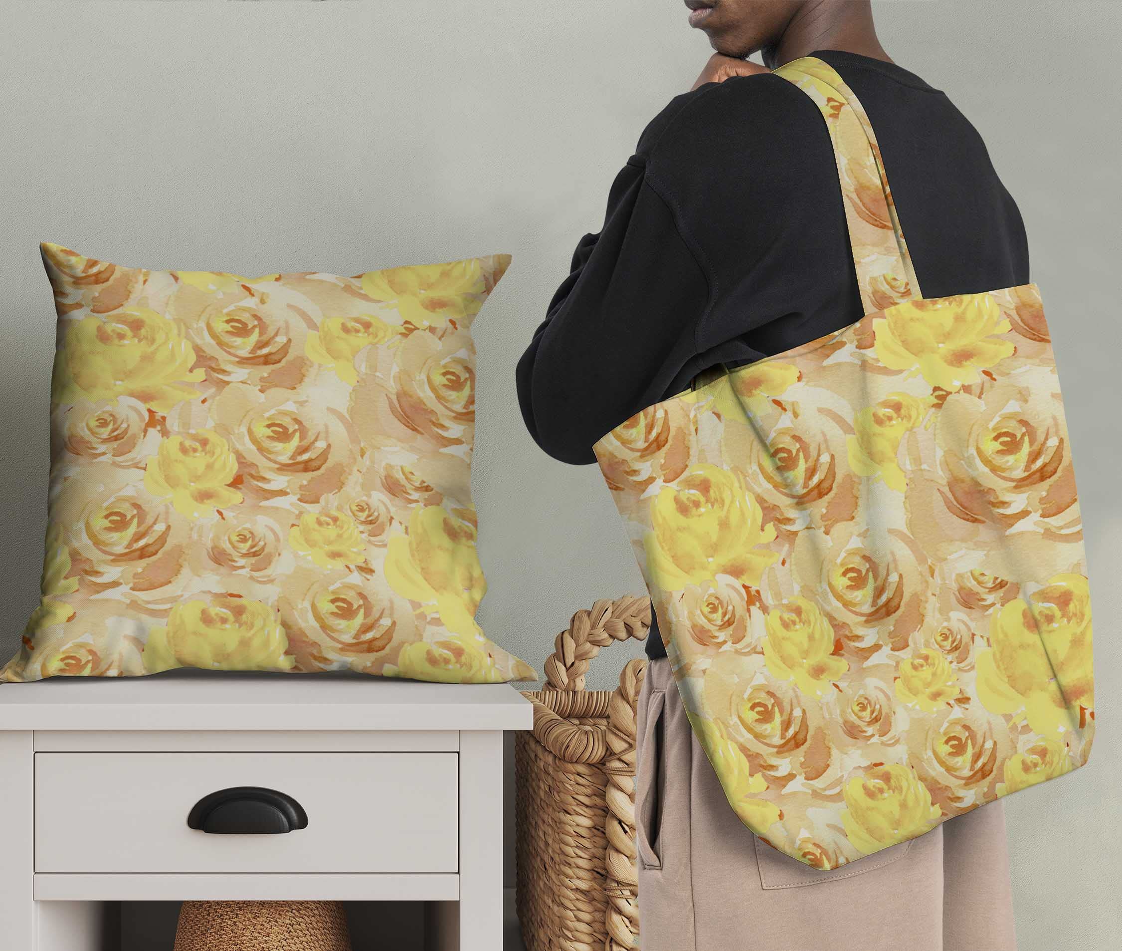 Soimoi Moss Georgette Yellow Floral Fabric by The Yard - 44 Inch Wide Grandiflora Roses Printed Fabric for Dresses, Curtains & Home Decor | Luxurious Elegant Fashion & Interior Design Material