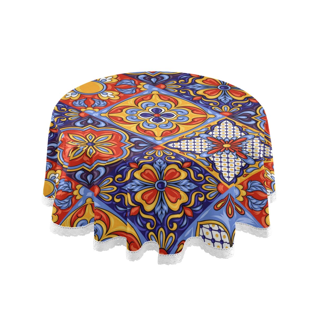 Authentic Mexican Talavera Round Tablecloth - 60 Inch Circular Dining Table Cover, Polyester Decorative Tablecloth for Kitchen, Outdoor & Party Decor