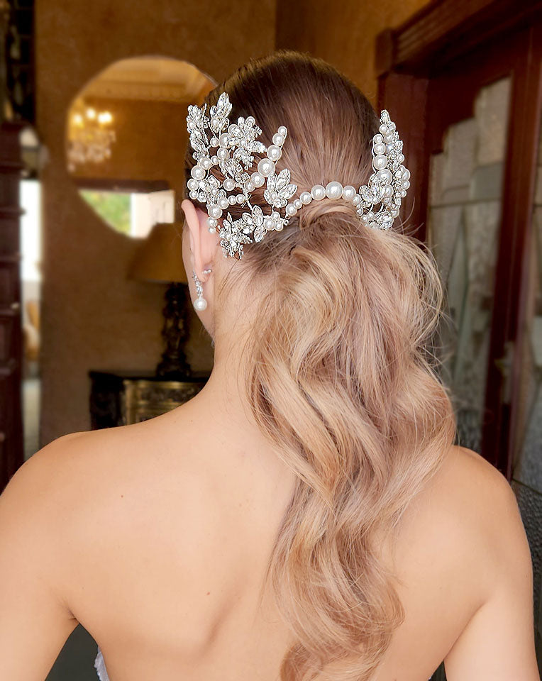 Elegant Bridal Headpiece with Crystal Navette Leaves & Flowers – Statement Pony Vine Hair Accessory by Kezani | Perfect for Weddings, Bridal Showers & Special Occasions