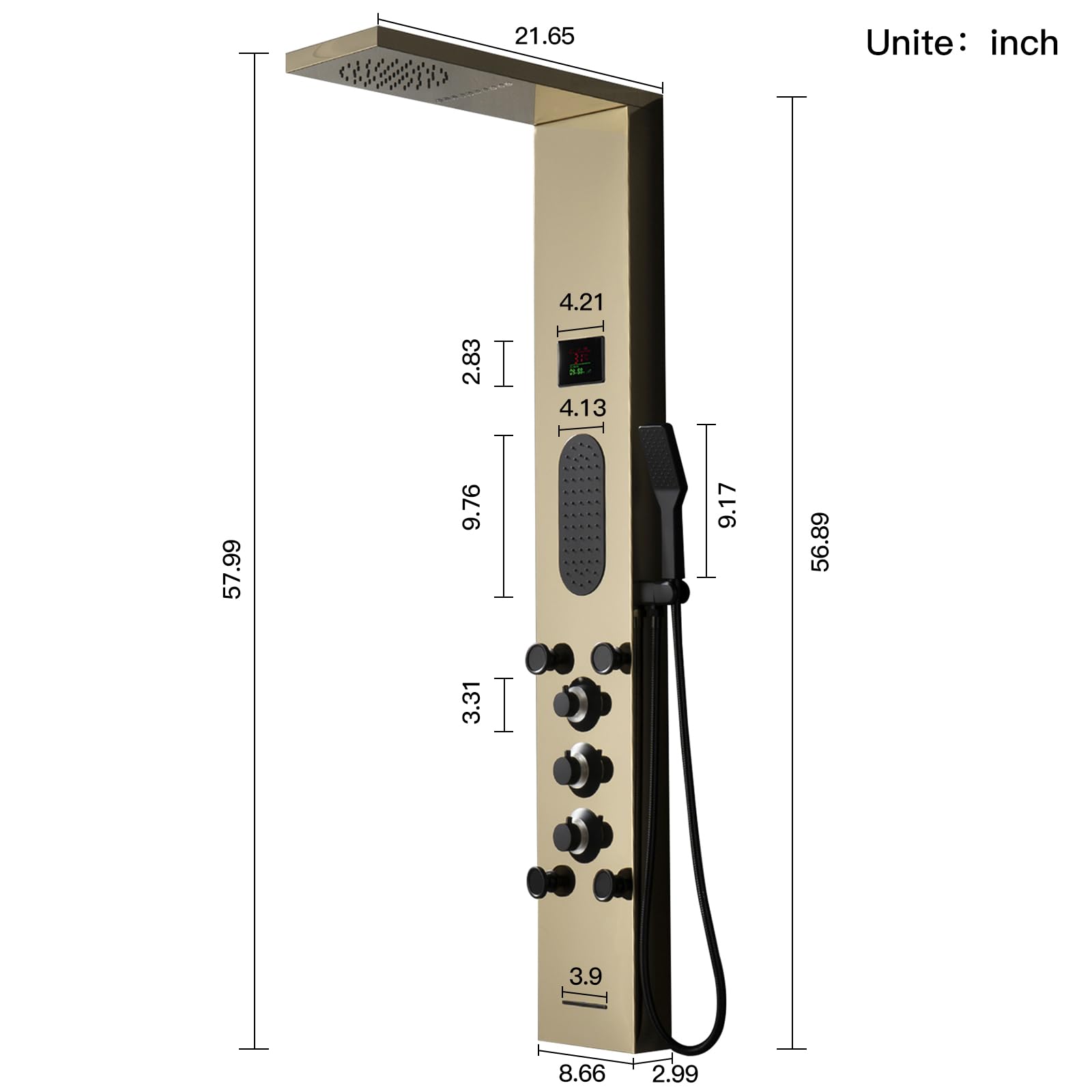 BWE Polished Gold LED Shower Tower System - Rainfall Shower Head with Massage Jets & Temperature Display - Stainless Steel Bathroom Fixtures for Spa-Like Luxury Shower Experience