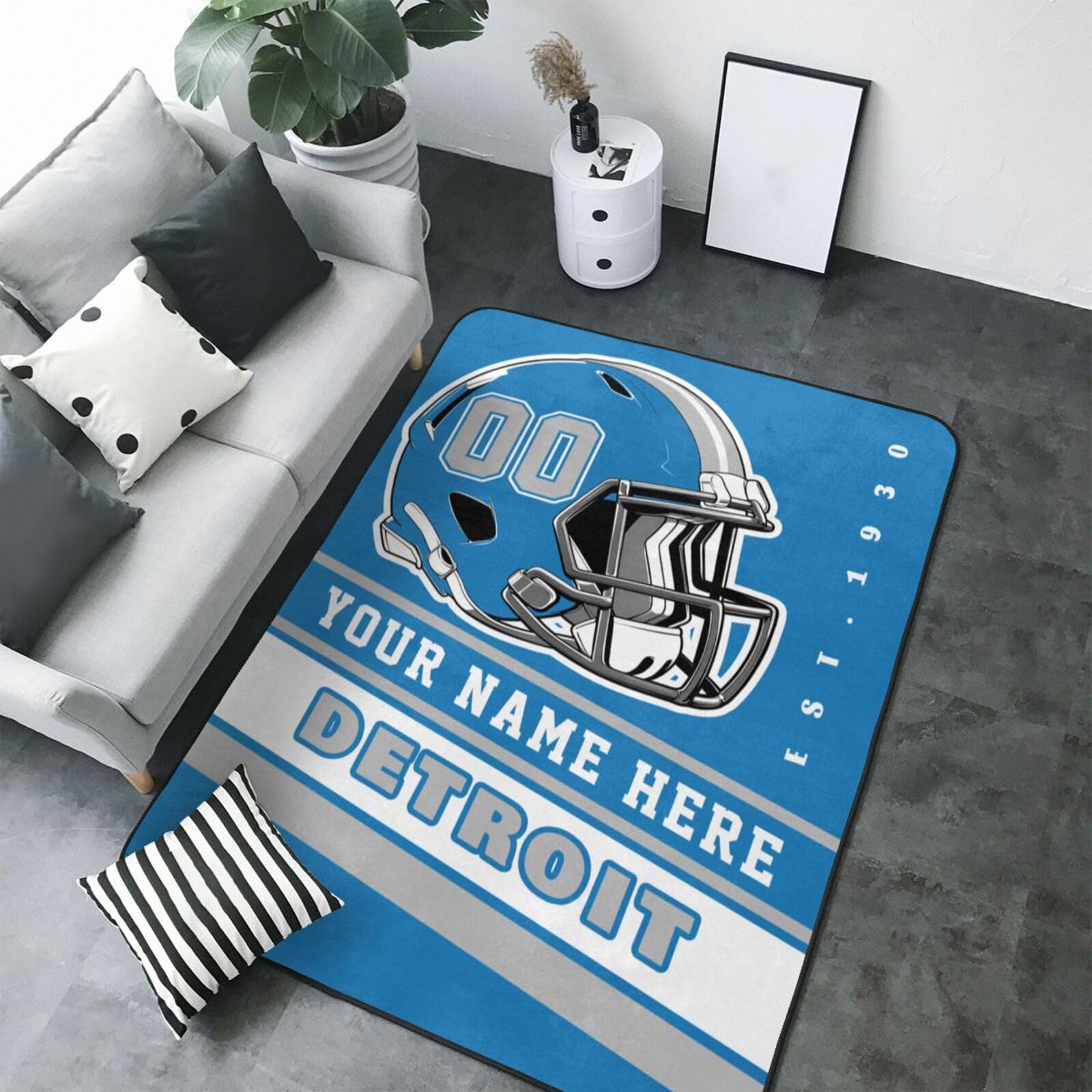 Custom Detroit Lions Football Rug - Personalized Bedroom Area Rugs with Name & Number - Unique Fan Gift for Men & Women - Perfect for Game Room Decor, Sports Themed Bedroom, and Fan Cave Accessories