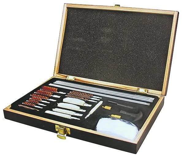 Universal Gun Cleaning Kit GCK31 Deluxe Wood Case - 3-in-1 Rifle & Pistol Maintenance Tool Set for Hunting, Shooting Range & Home Defense
