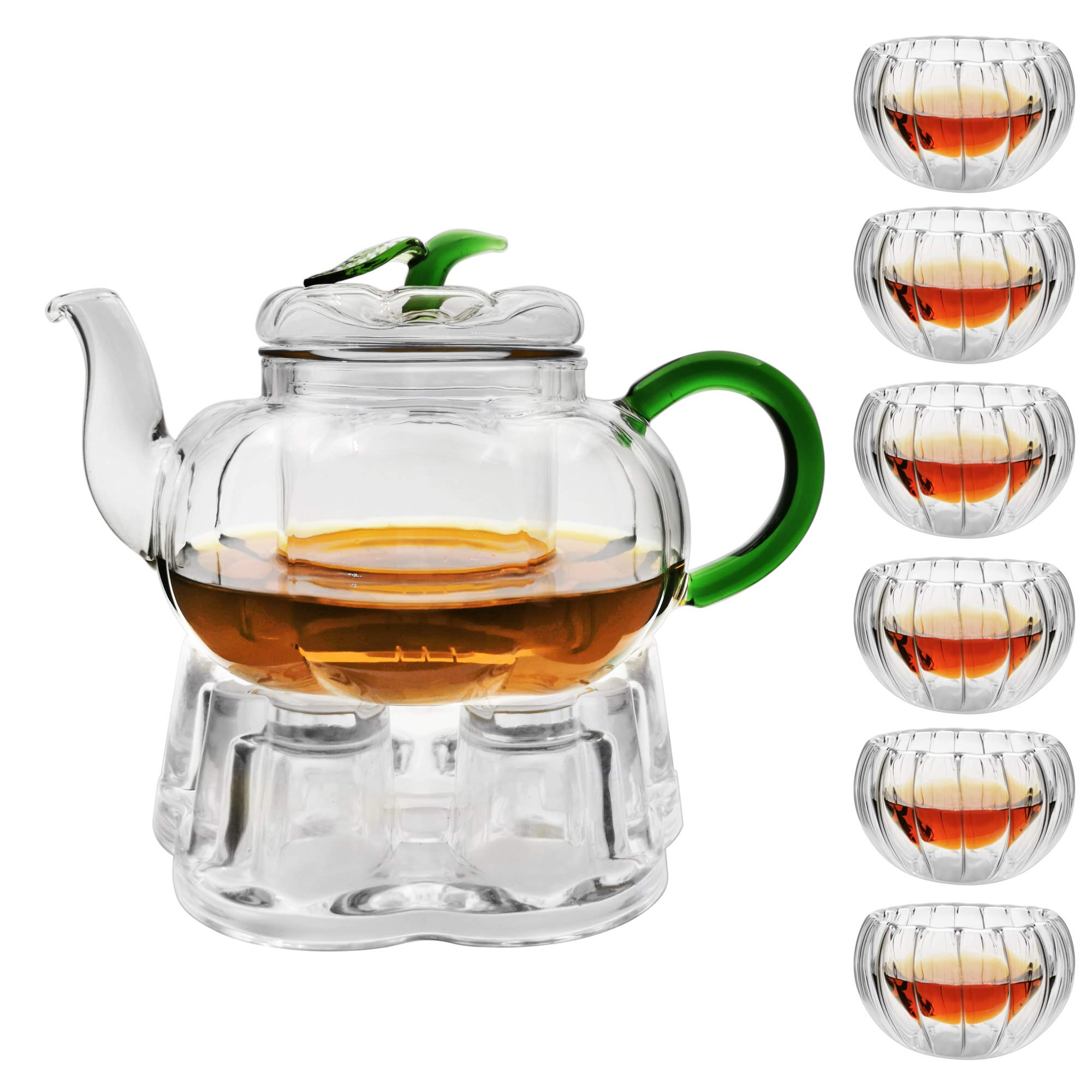 Premium Glass Tea Infuser with Warmer & Matching Cups - Green Pumpkin Design - Perfect for Loose Leaf Tea Brewing at Home, Office or Gifts for Tea Lovers