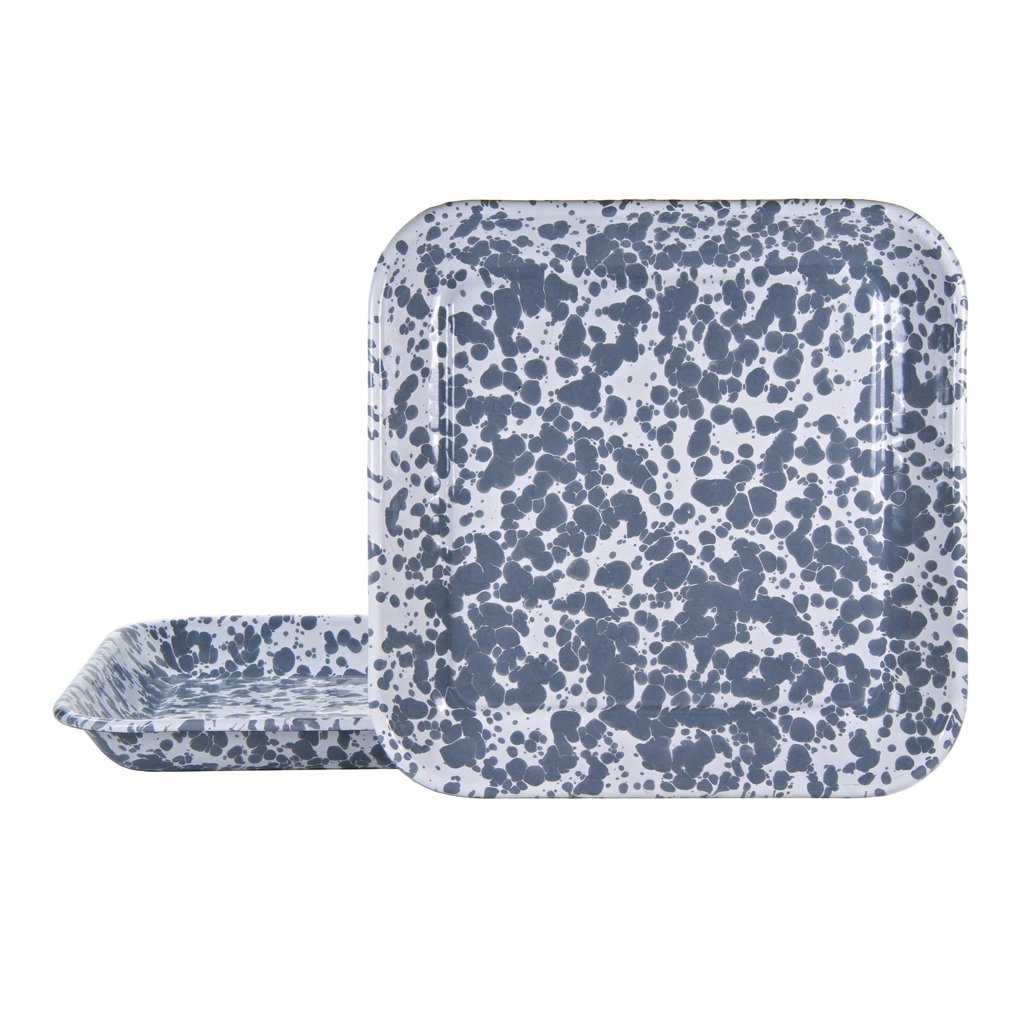 Golden Rabbit Enamelware Set of 2 Square Trays - Grey Swirl Design - Elegant Serving Dishes for Tea, Coffee, Desserts & Home Decor - Perfect for Parties, Weddings & Gift Giving
