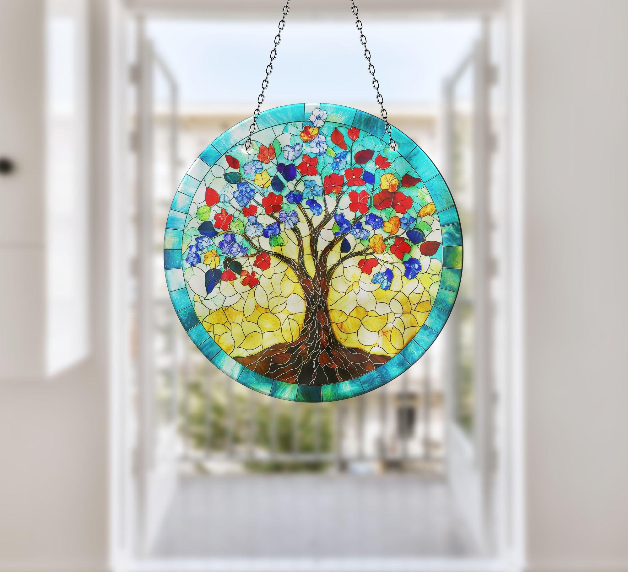 Blue Tree of Life Suncatcher - Handmade Stained Glass Window Decor for Home, Office & Garden - Perfect for Gifts & Spiritual Decorations