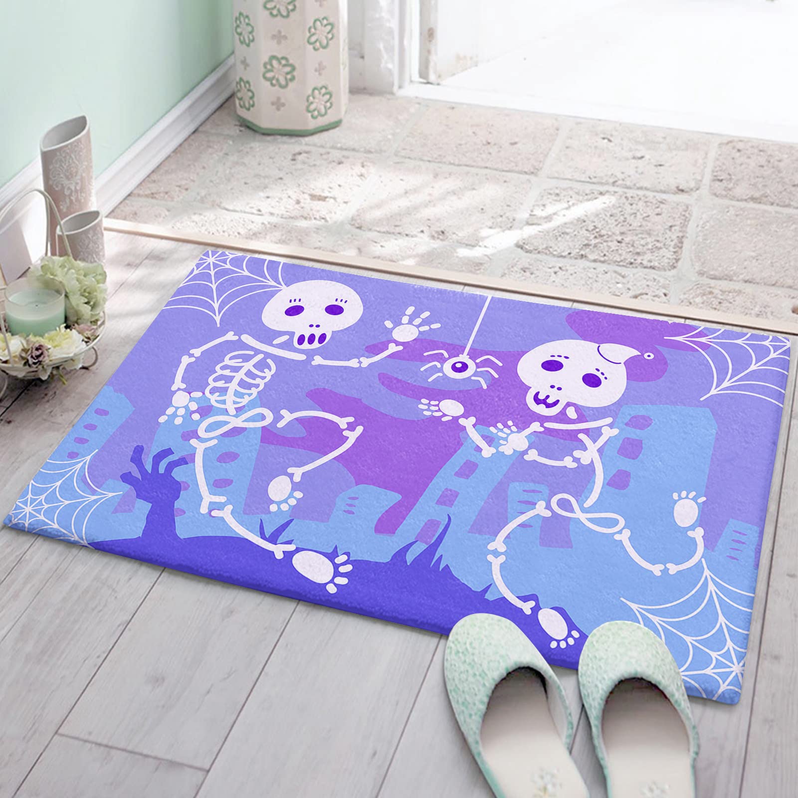 Soft Fluffy Shag Bath Rugs - Cartoon Halloween Funny Human Skeleton Plush Doormat - Non-Slip Floor Carpet for Living Room, Bedroom, Kitchen & Entryway - Abstract Cobweb Design - Perfect for Halloween Decor & Cozy Home Accents