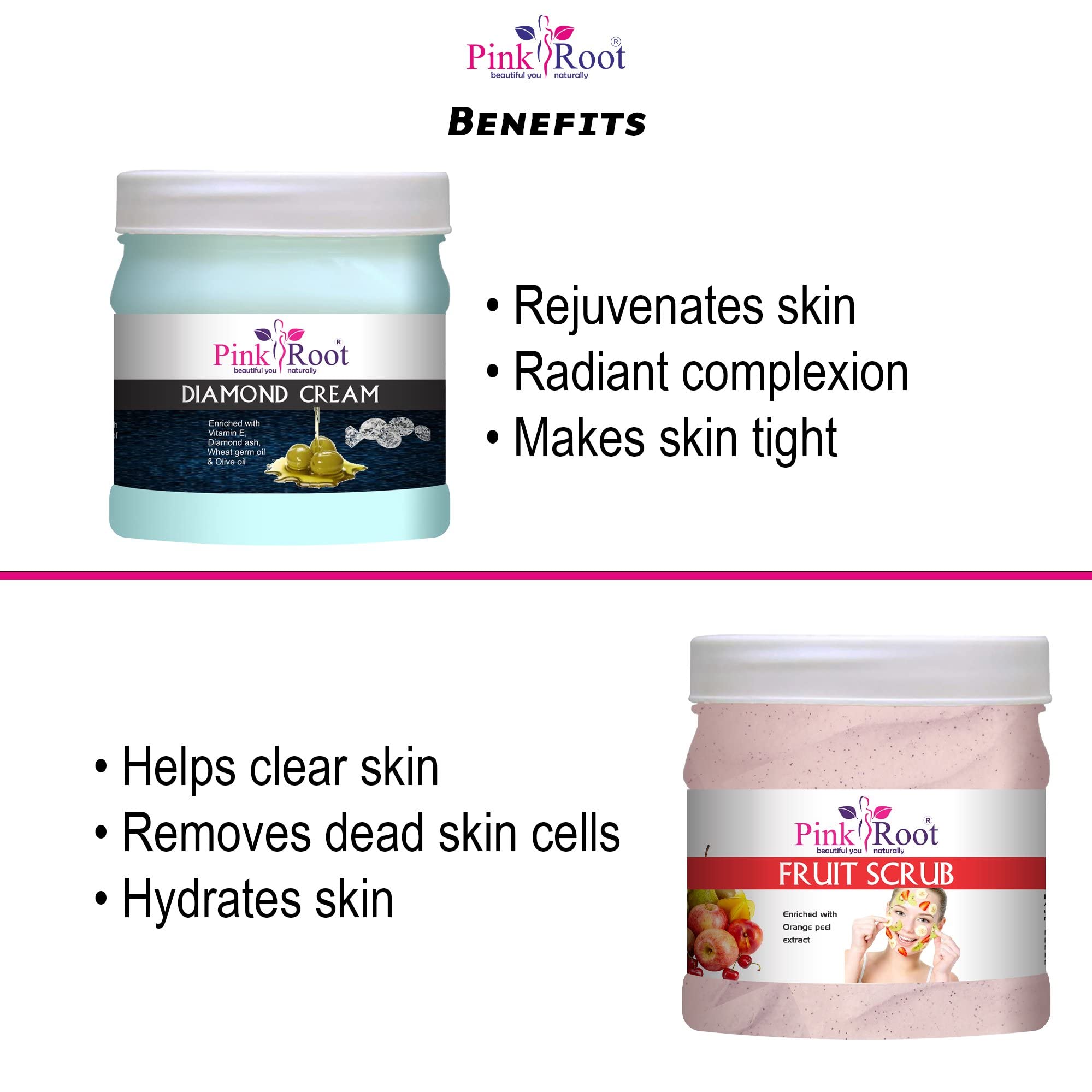 Pink Root Diamond Cream 500g with Fruit Scrub 500g - Brightening & Exfoliating Skincare Set for Glowing Skin | Perfect for Daily Face & Body Care Routine