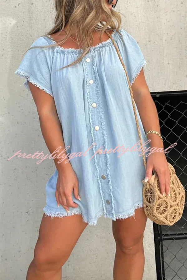 Stylish Off Shoulder Denim Mini Dress for Women - Casual Loose Fit Short Sleeve Summer Dress for Beach, Party & Date Night