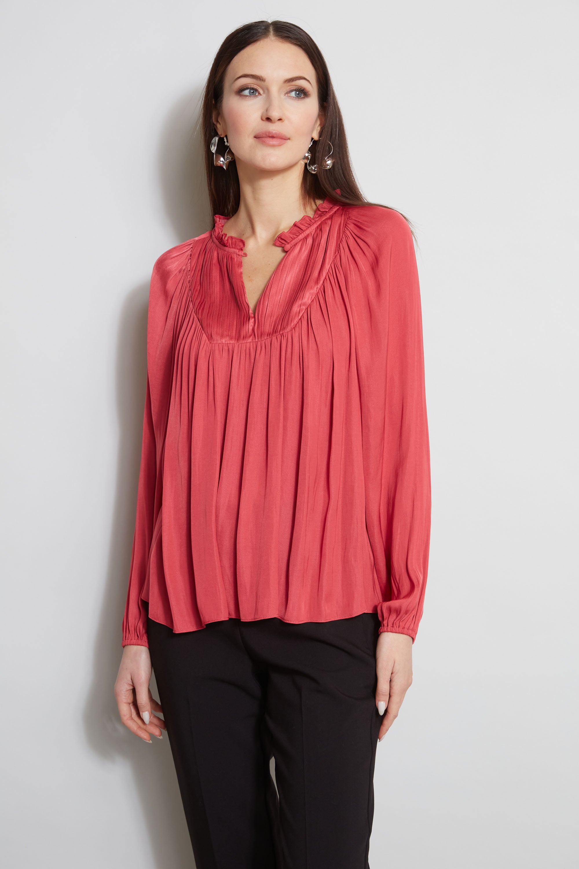 Tahari Pleated Blouson Shirt for Women | Elegant Blouse Top with Ruffle Details | Perfect for Office Wear, Cocktail Parties & Special Occasions