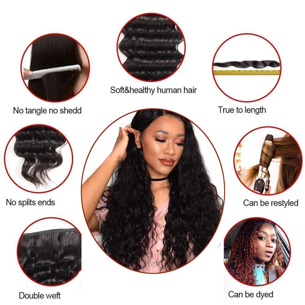 8A Brazilian Virgin Human Hair Ocean Wave Bundles with Lace Closure - 3 Unprocessed Curly Bundles (28