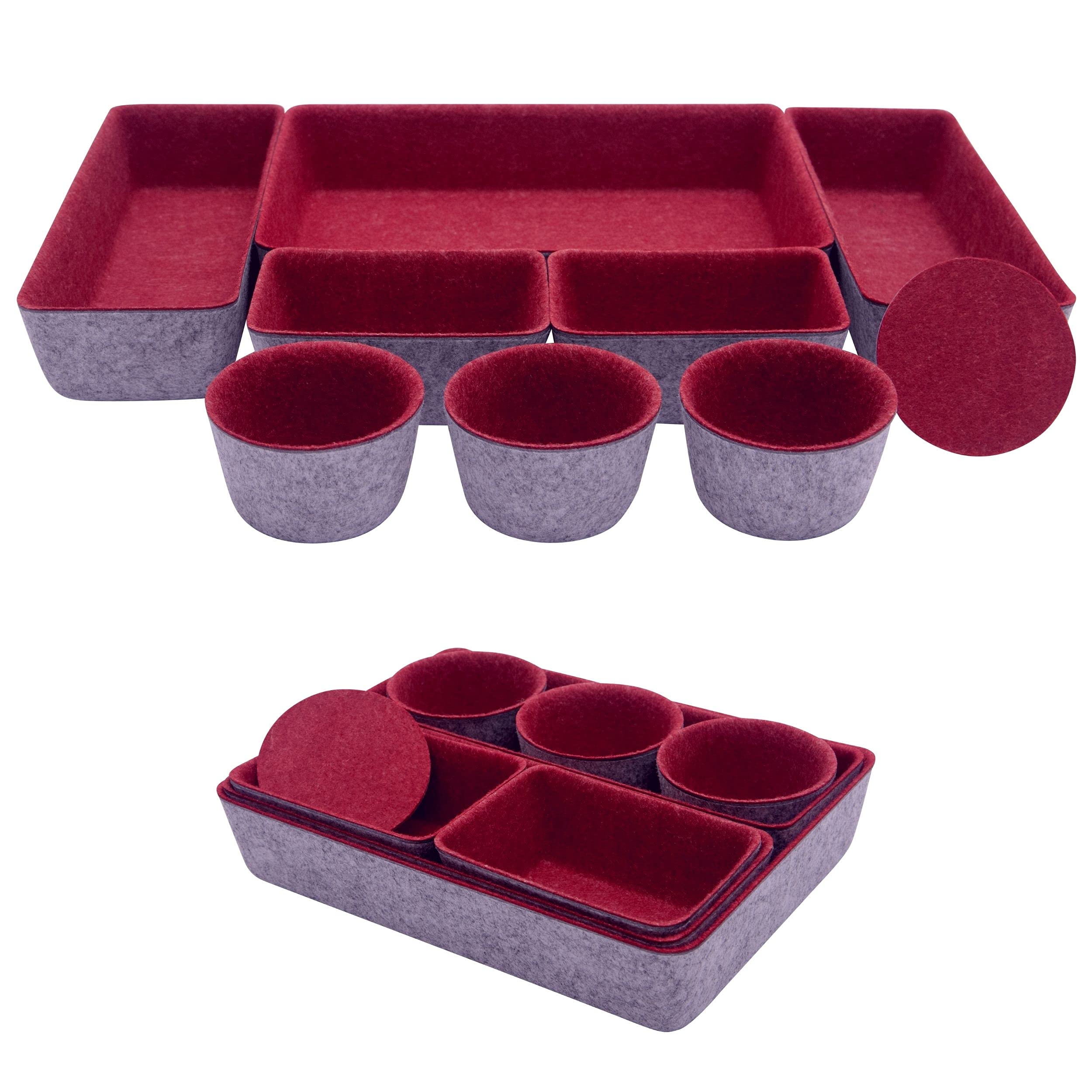 Teeo 9-Pack Burgundy Drawer Organizers - Office & Desk Storage Containers for Jewelry, Makeup, Cosmetics - Home & Office Organization Trays with Compartments | Perfect for Vanity, Bathroom, Closet & Workspace Organization