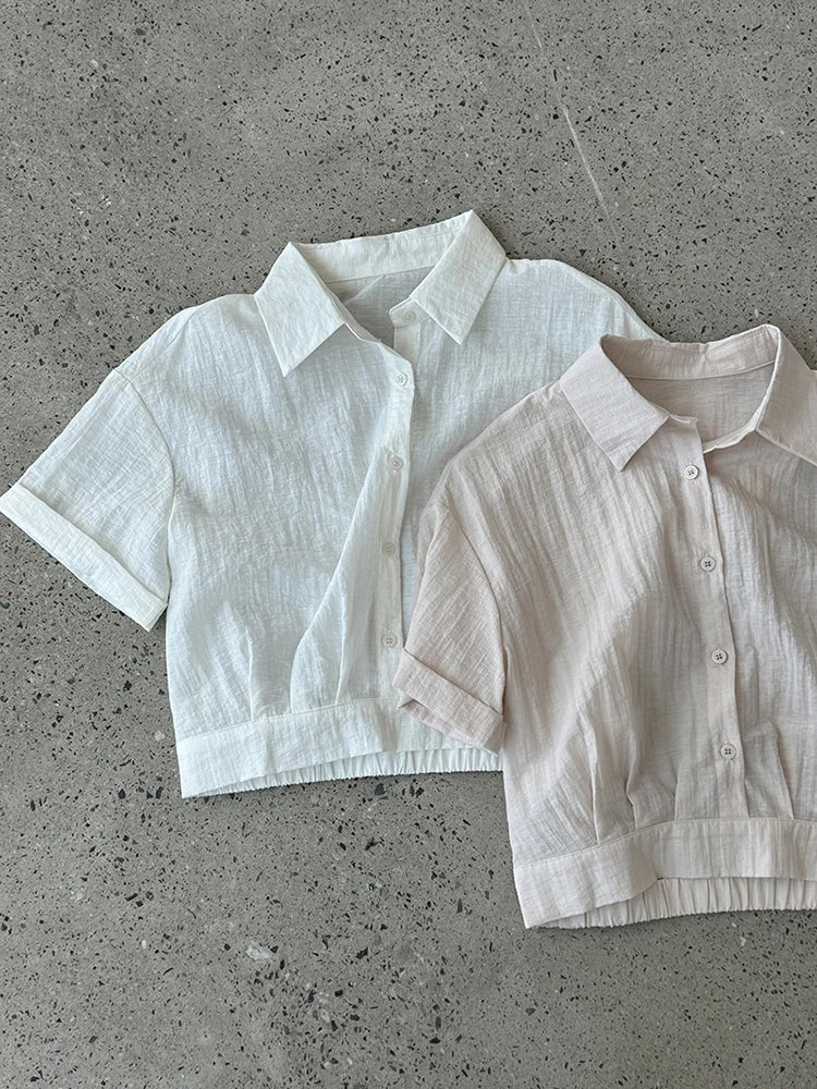 Beige Women's Two-Piece Suit Set - Thin Half Body Skirt & Lapel Short Sleeve Shirt | Spring Summer 2025 Fashion Trend | Office Wear, Casual Outfits, Party Dresses (Style 1DJ1239)
