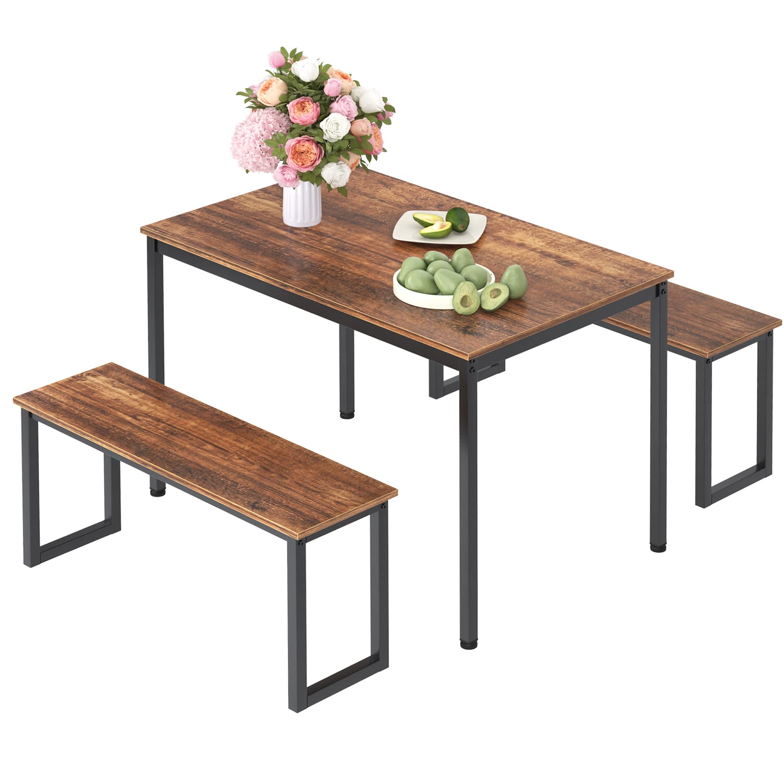 DLANDHOME 4-Piece Industrial Style Wooden Dining Table Set with 2 Benches - Perfect for Small Kitchens, Apartments & Breakfast Nooks | Modern 3-Piece Kitchen Table Set for Dining Room, Coffee Time & Family Gatherings