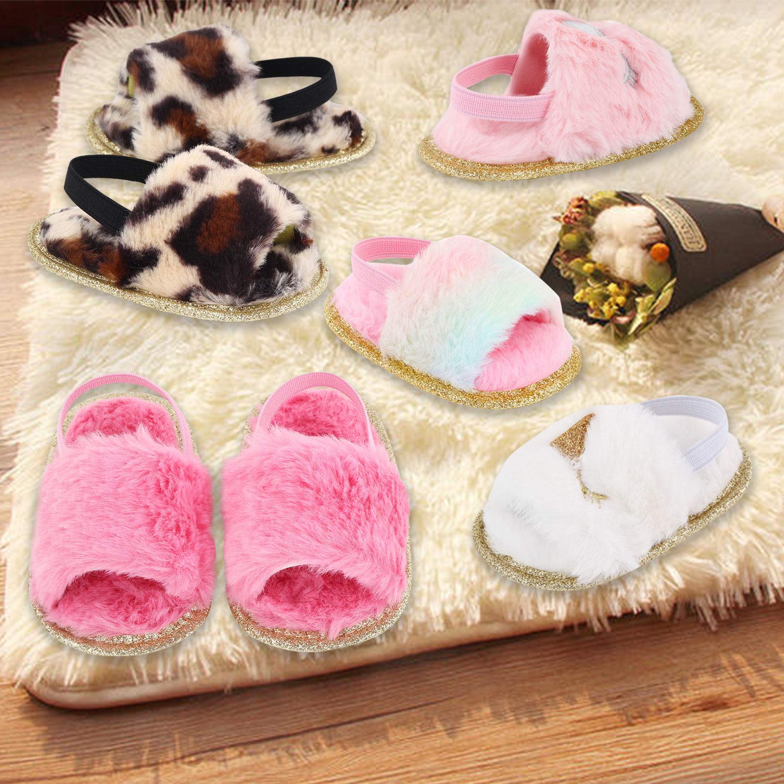 2 Pack Baby Girls Sandals - Soft Elastic Back Strap Flats with Faux Fur - First Walker House Slippers for Toddlers (Pink/White) - Perfect for Indoor Play, Nursery & Special Occasions
