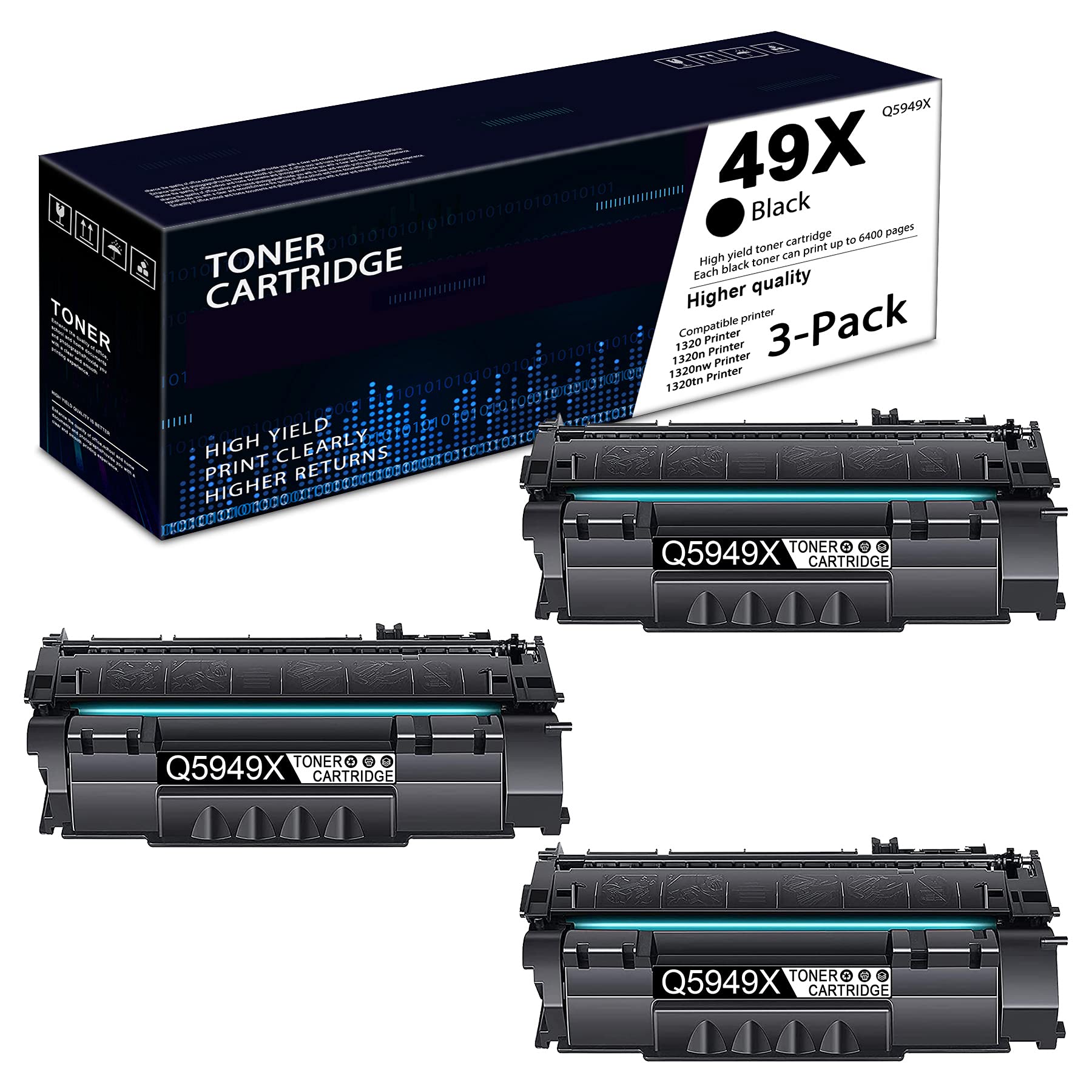3 Pack High Yield Toner Cartridge Q5949X Compatible with HP 1320n/1320nw/1160/3390/3392 Printers - Replacement for 49X - Perfect for Office & Home Printing Needs