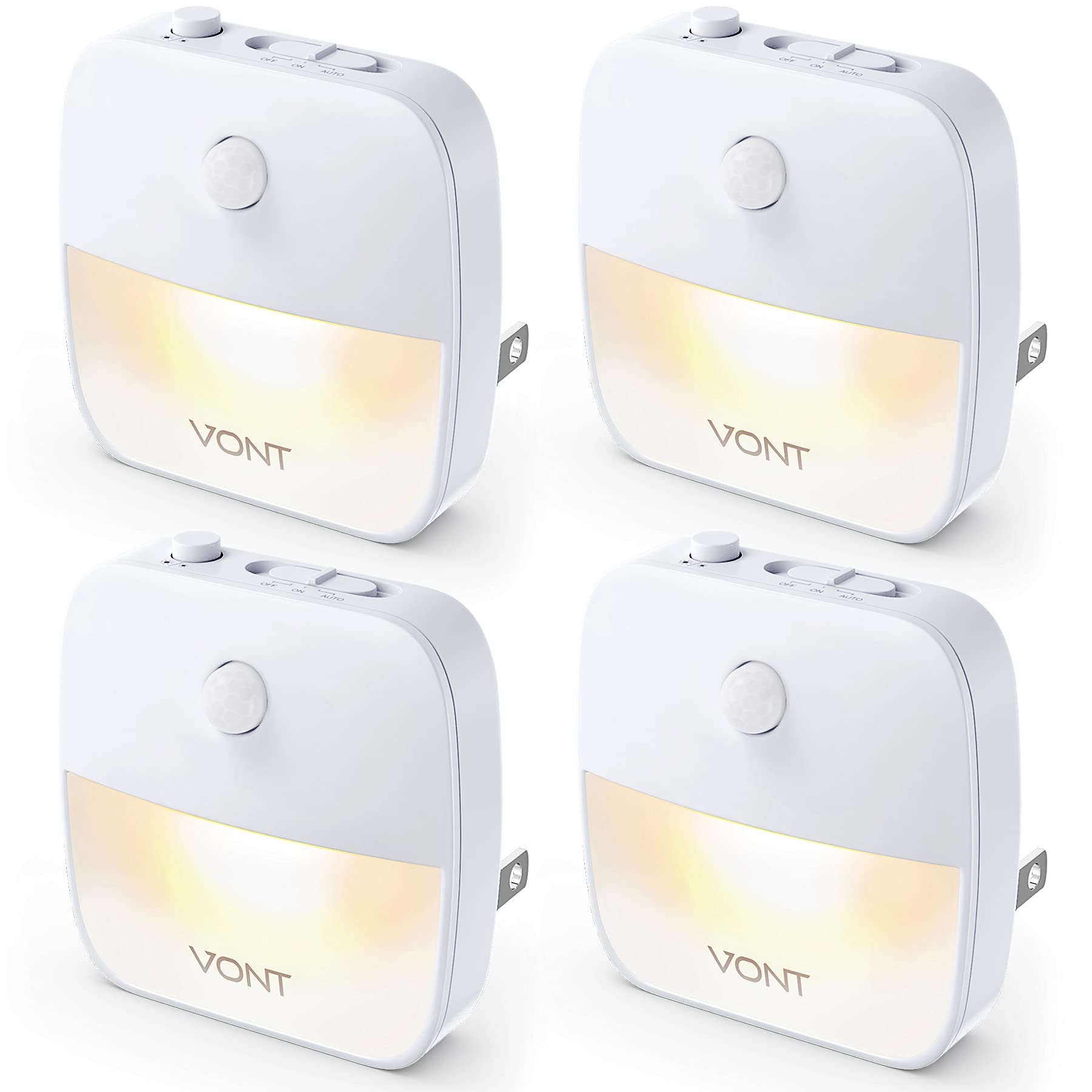 Vont Motion Sensor Night Light [4 Pack] - Plug in LED Nightlight with Dusk to Dawn Sensor, High & Low Brightness Modes - Compact, Energy Efficient for Bedroom, Bathroom, Kitchen, Hallway & Stairs - Perfect for Safe Nighttime Navigation & Child Safety