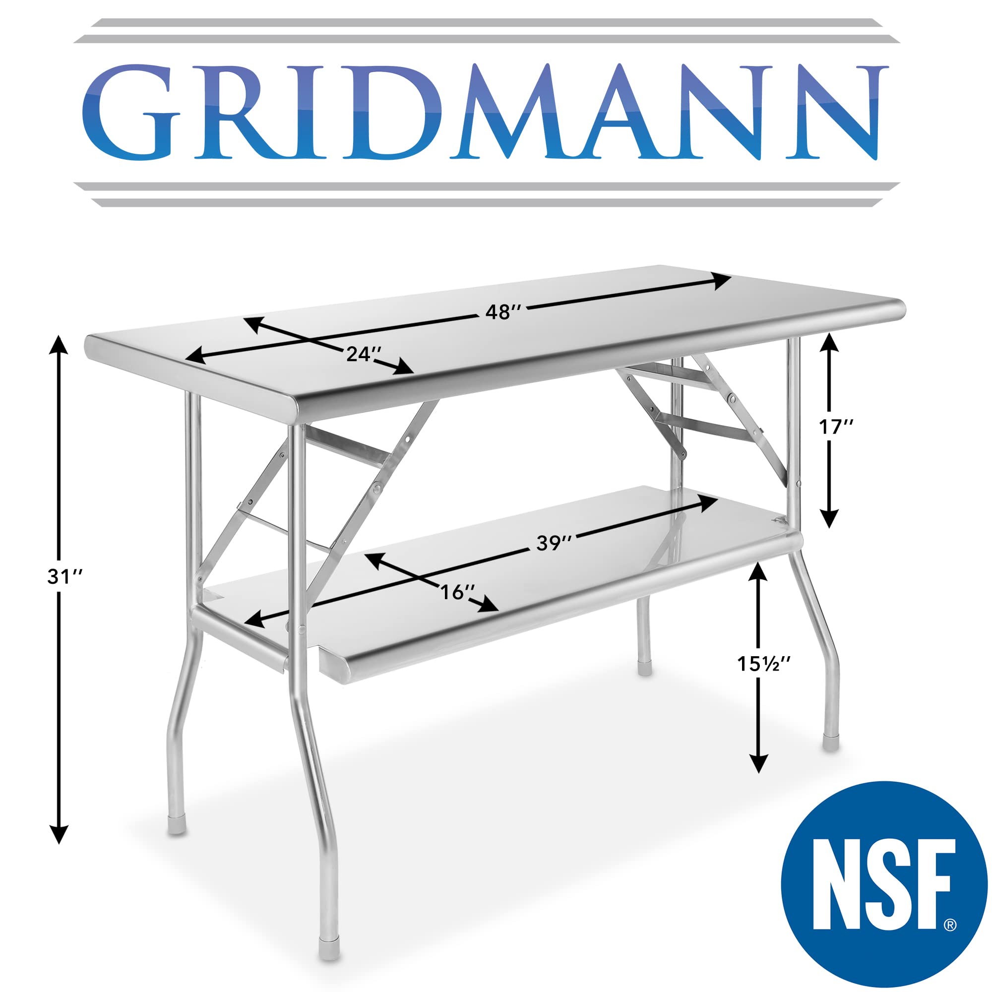 GRIDMANN 48 x 24 Inch Stainless Steel Folding Table with Under Shelf - NSF Certified Commercial Kitchen Prep Table, Workstation for Restaurant, Food Prep, Catering & Home Use