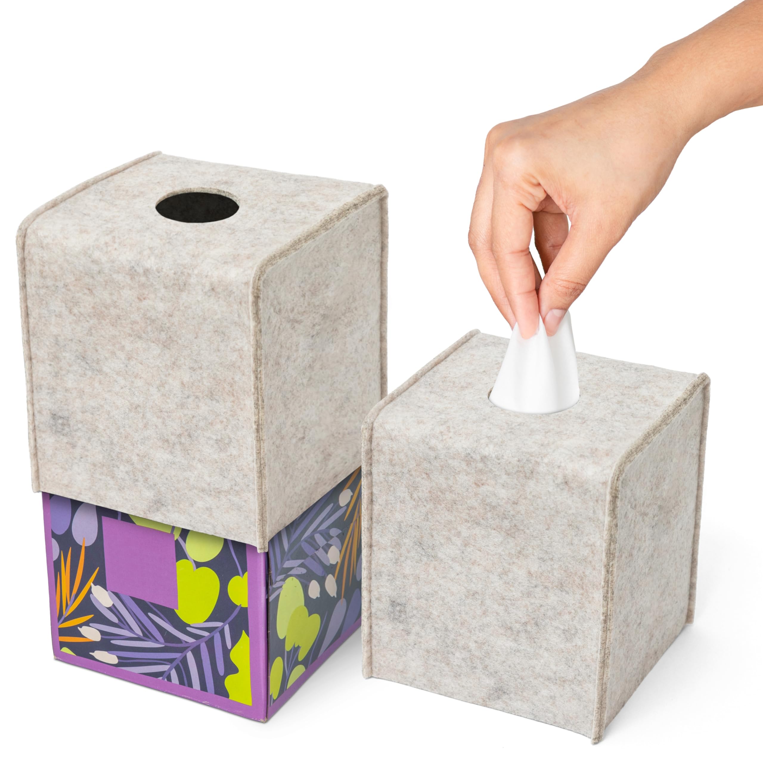 2 Pack Decorative Felt Tissue Box Cover - Modern Square Oatmeal Tissue Box Holder for Living Room, Bedroom & Bathroom Organization
