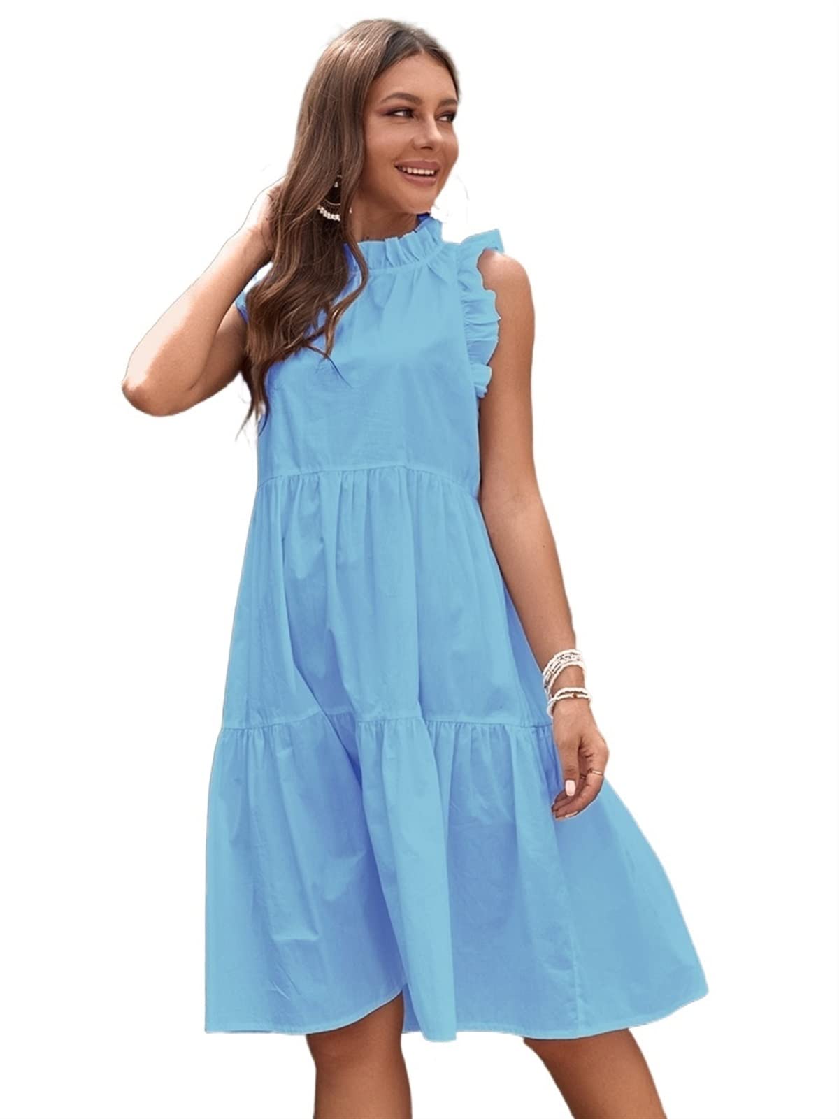 Women's Summer Dress - Solid Color Ruffle Trim Smock Sleeveless Casual Dress for Beach, Vacation & Outdoor Activities