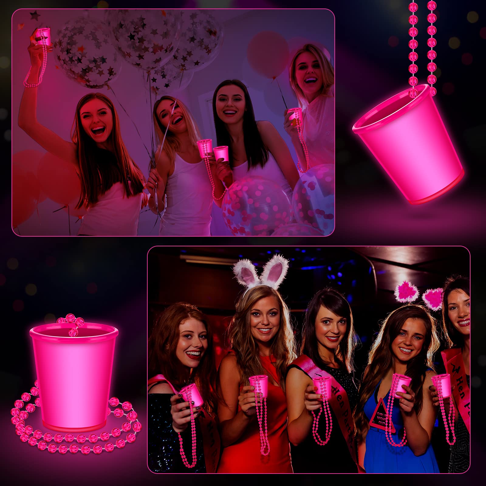 24 Pcs Hot Pink Glow in the Dark Shot Glass Necklace - Light Up Party Accessories for Birthday, Bachelorette & Wedding - Fun Neon Bar Cups for Festivals & Nightclub Events