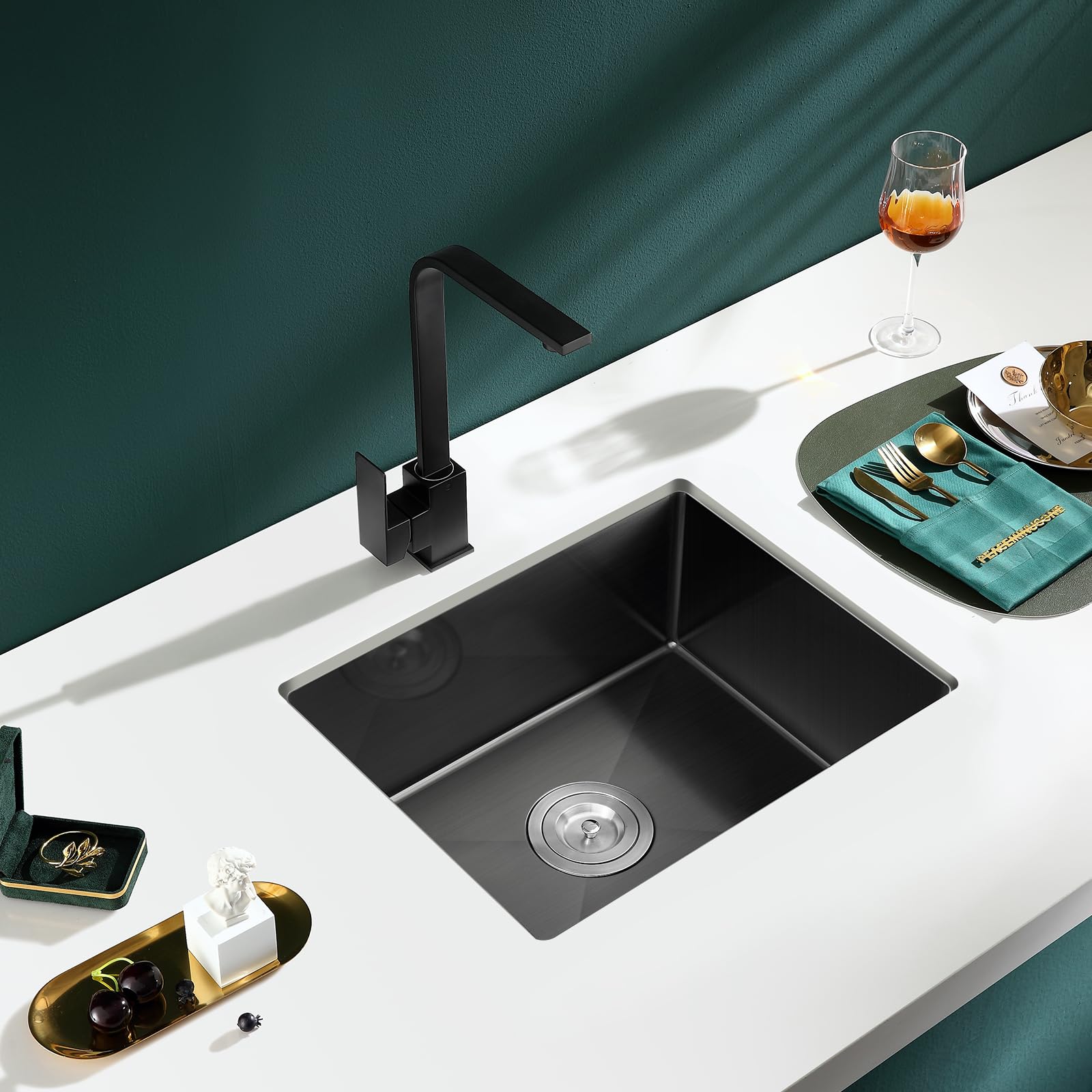 20-Inch Undermount Kitchen Sink Black - 18 Gauge Handmade Stainless Steel Single Bowl Sink (20x16x9 Inch) for Modern Kitchens, Easy Cleaning & Durable