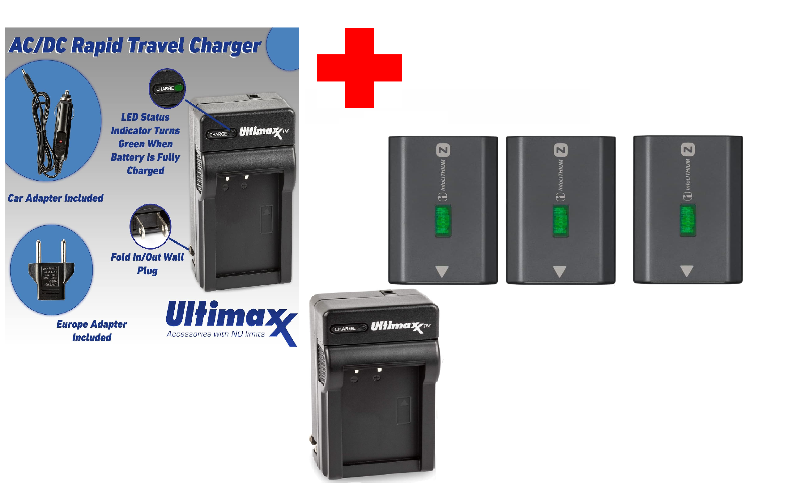 3-Pack Sony NP-FZ100 Rechargeable Lithium-Ion Battery with Ultimaxx AC/DC Rapid Charger - 2280mAh for Sony Alpha A7 III, A7R III, A9 Digital Cameras - Perfect for Travel, Photography & Professional Shoots