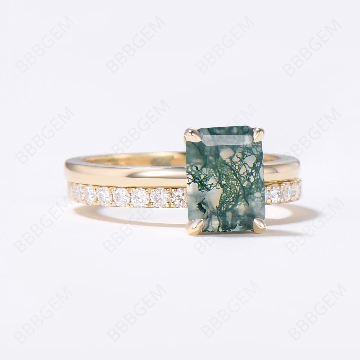 Hidden Halo Emerald Cut Moss Agate Engagement Ring Set - 14K Gold Wedding Band for Women - Perfect for Proposals, Anniversaries & Romantic Occasions