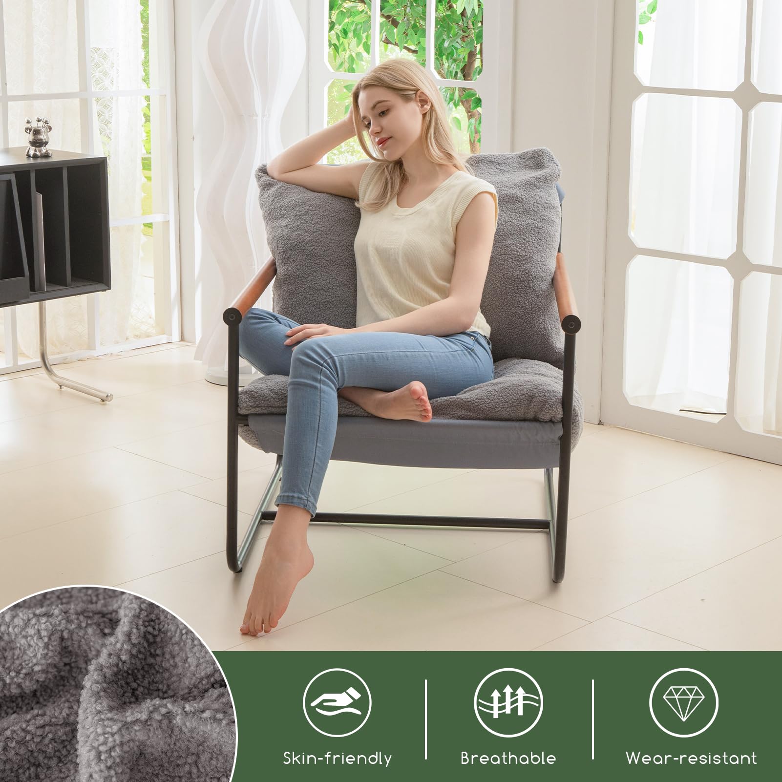 MAXYOYO Modern Accent Chair with Wood Armrests - Dark Grey Living Room Chair for Home, Office & Lounge - Comfortable Seating for Relaxing, Reading & Decor