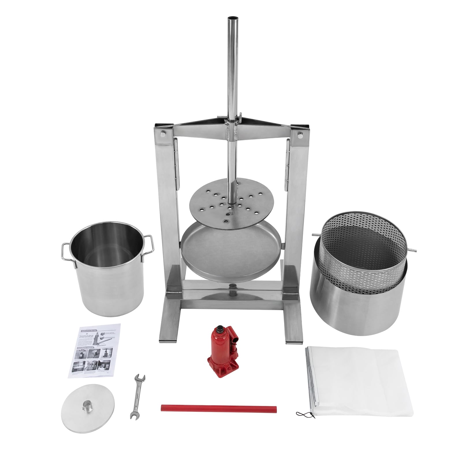 Stainless Steel Fruit Wine Press 20L (5.28 GAL) - Manual Juice Maker for Apple, Grape, Cider, Tinctures, Vegetables, Honey & Olive Oil - Heavy Duty with T-Handle & Stable Base - Perfect for Home Brewing, Winemaking & Kitchen Use