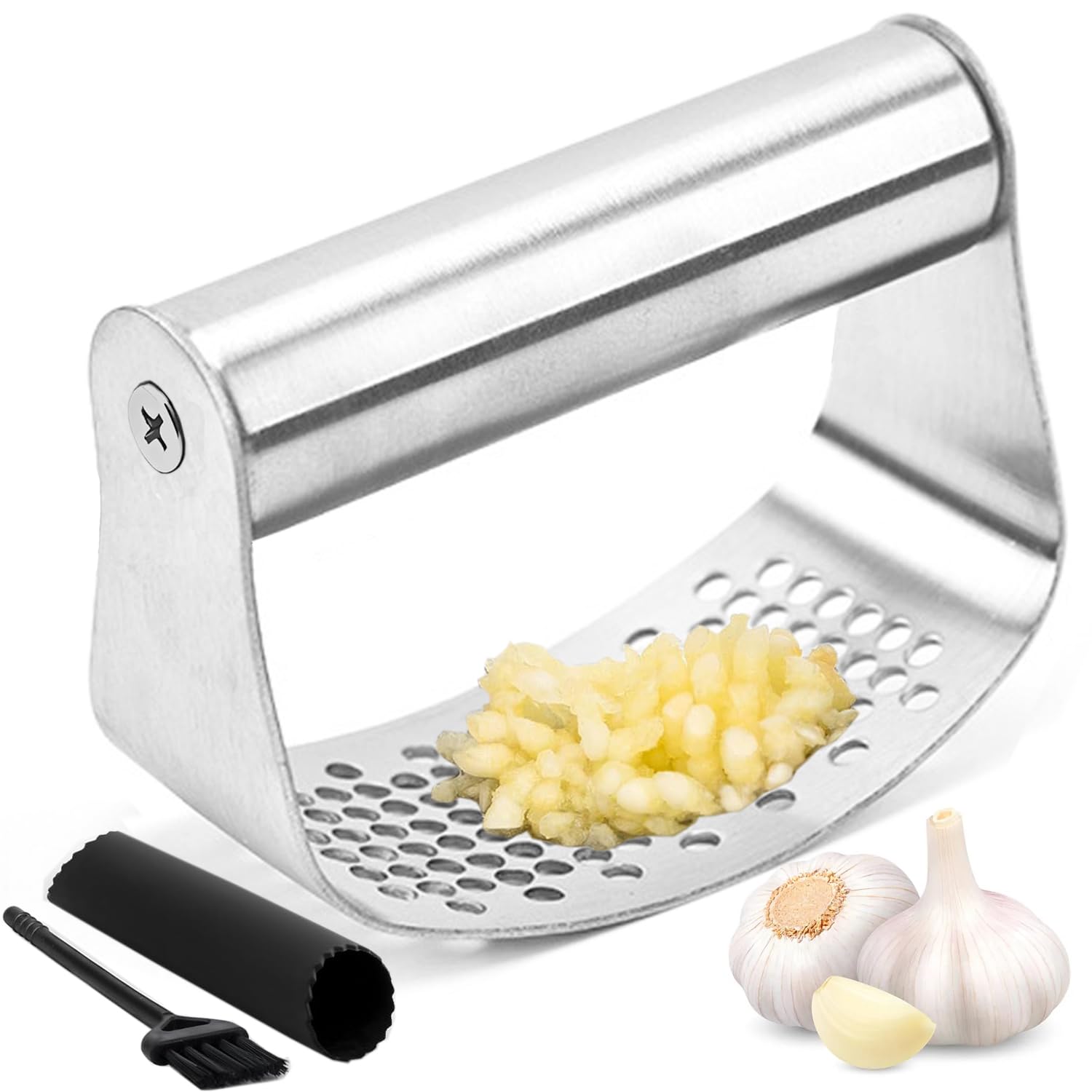 Premium Stainless Steel Garlic Press Rocker Set - Heavy Duty Garlic Mincer & Crusher with Silicone Peeler & Cleaning Brush - Perfect for Cooking, Meal Prep & Italian Cuisine