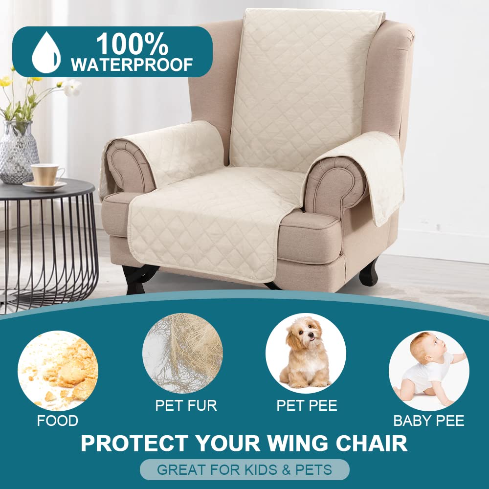 100% Waterproof Wing Chair Cover - Non-Slip Sofa Slipcover for Wing Armchair, Triple Protection for Pets & Kids (Ivory) | Perfect for Living Room, Office & Pet-Friendly Homes