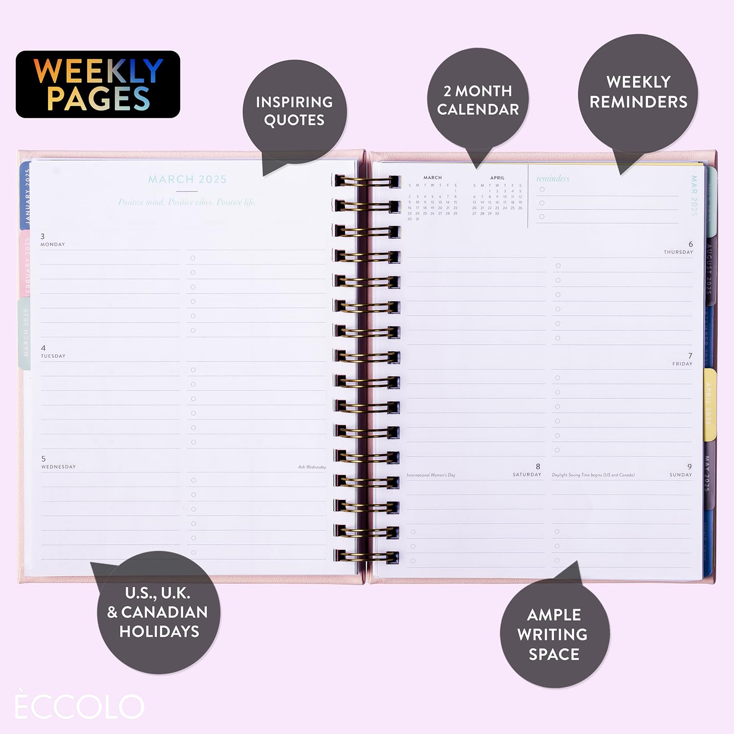Eccolo 2025 Spiral Planner - Weekly & Monthly Agenda with Inspirational Quotes, Sticker Sheets, Hardcover (7.75