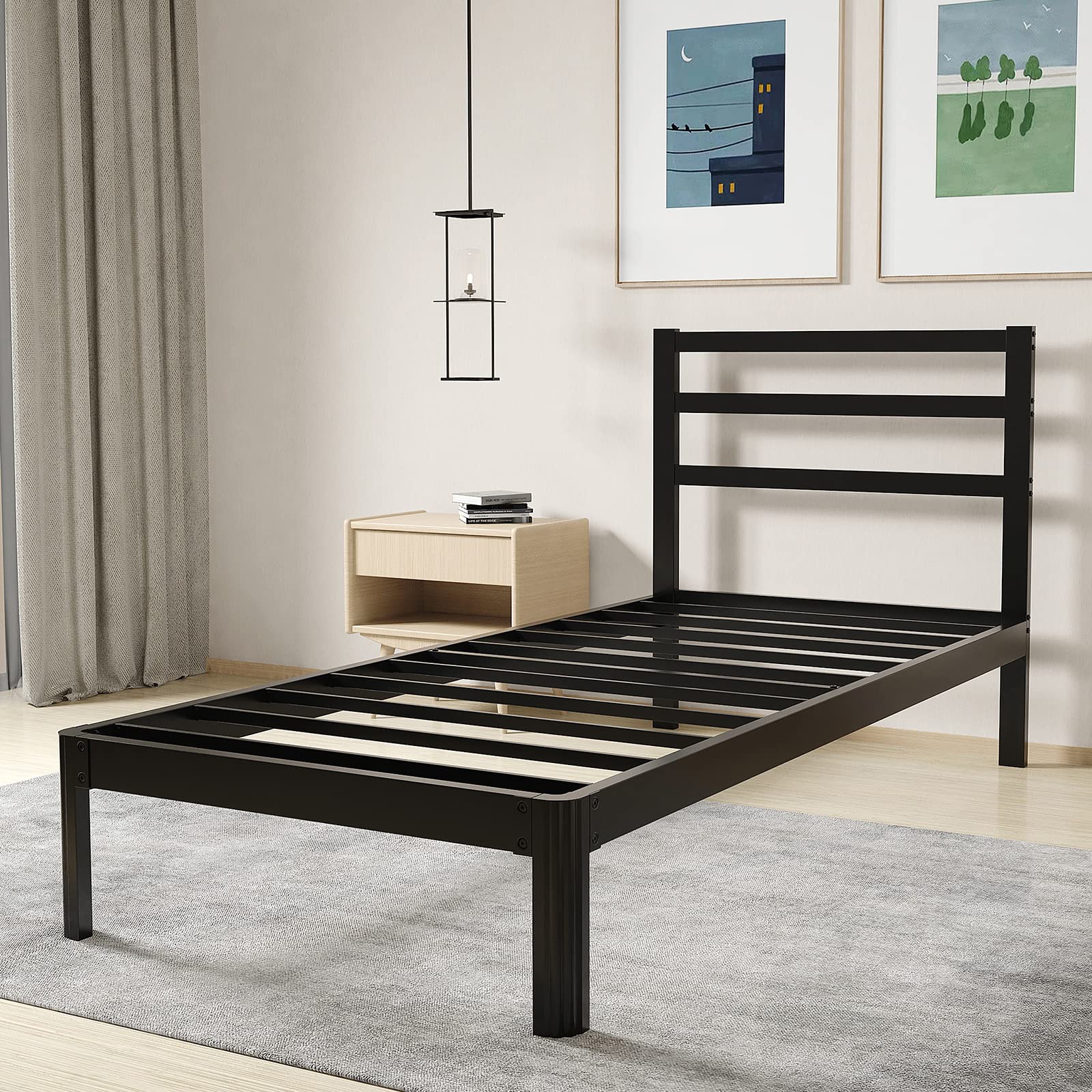 Woozuro Twin-XL Bed Frame with Headboard - 18 Inch Heavy Duty Metal Platform Bed Frame, Round Corner Legs, No Box Spring Needed, Non-Slip Mattress Foundation, Noise Free, Easy Assembly, Black - Perfect for Dorms, Guest Rooms & Small Spaces