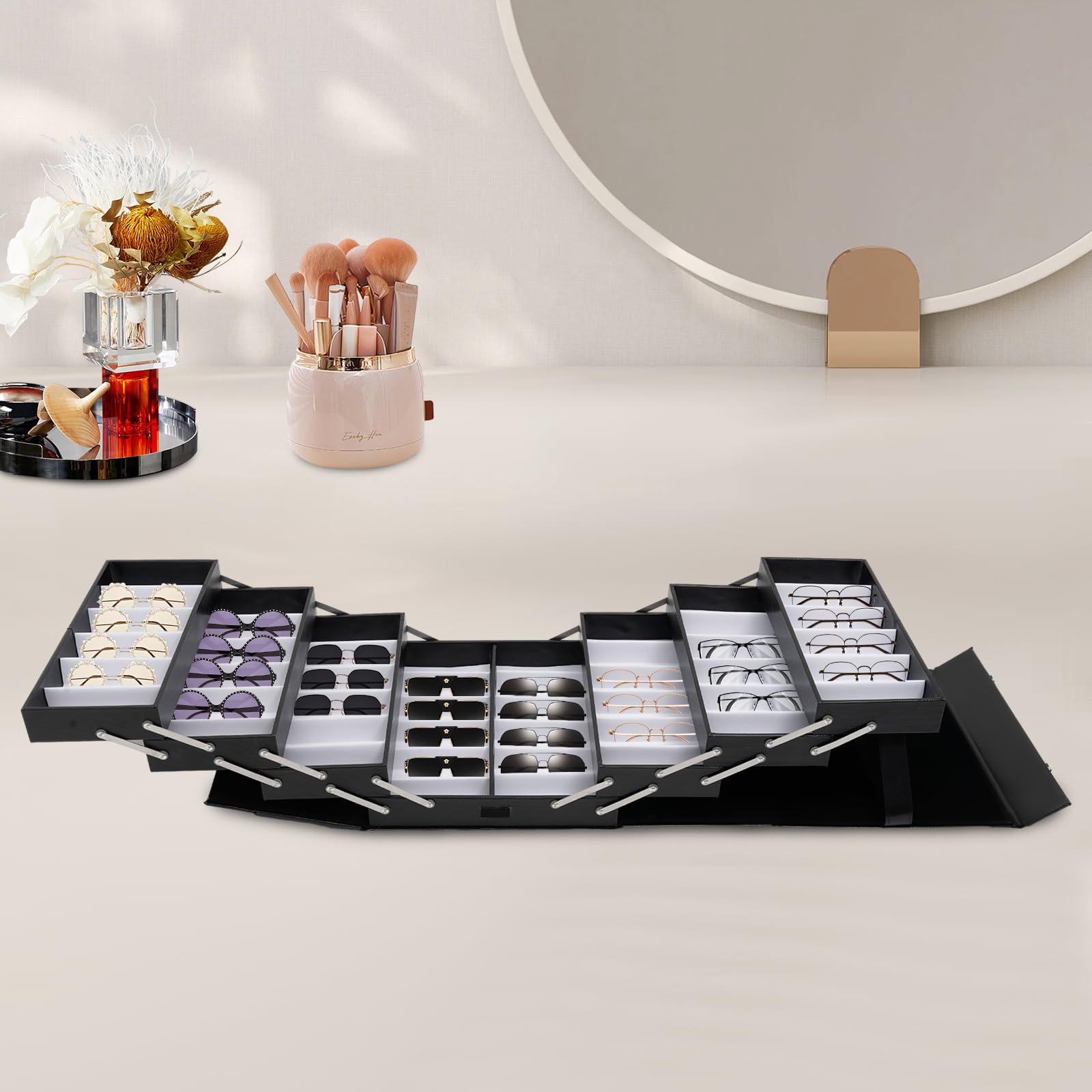 Foldable Eyeglasses Storage Case - PU Leather Sunglasses Organizer Box with 48 Slots for Men & Women - Perfect for Travel, Home Display, and Jewelry/Watches Organization