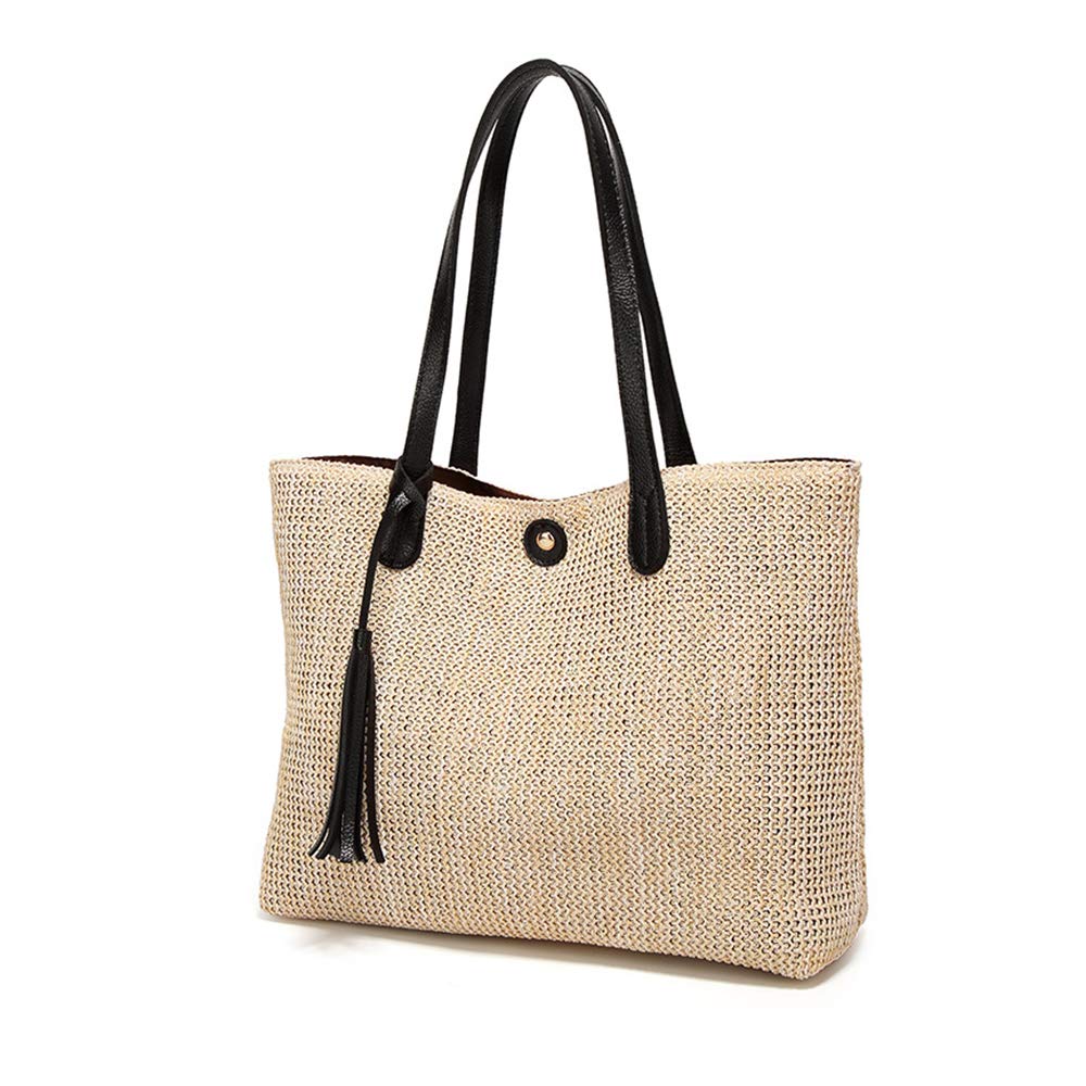 Women's Handwoven Straw Beach Tote Bag - Large Summer Leather Shoulder Bag with Tassel Decor | Perfect for Vacation, Poolside, and Outdoor Adventures