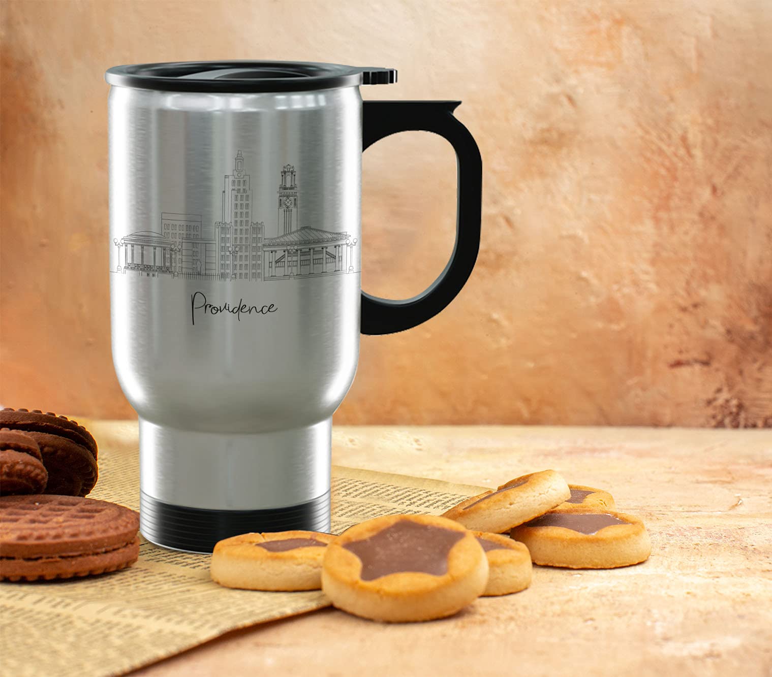 TJ Originals - 14oz Stainless Steel Travel Mug with Handle | Providence Skyline Design | Insulated Coffee Cup for Hot & Cold Drinks | Perfect Travel Souvenir & City-Themed Gift for Coffee Lovers | Ideal for Commuting, Camping and Office Use