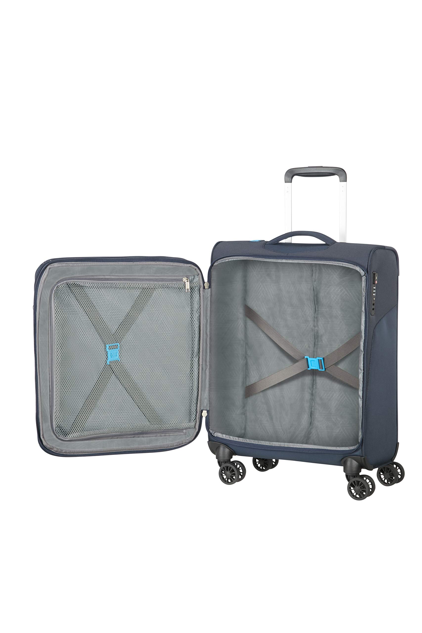 American Tourister Summerfunk 21.6 Inch Carry On Luggage - 55cm Lightweight Hardside Spinner Suitcase with 4 Wheels, Navy Blue Travel Bag for Weekend Getaways & Business Trips