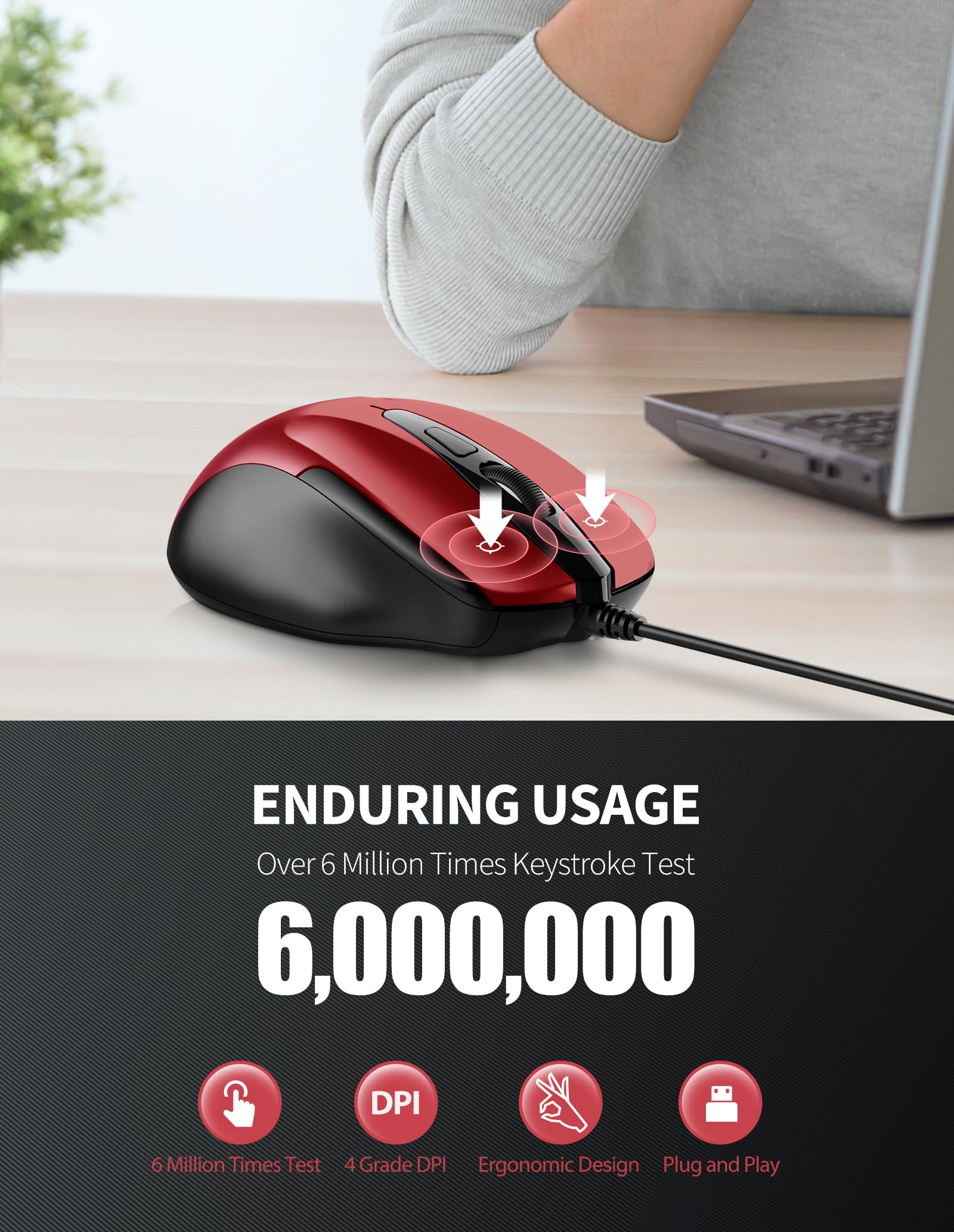 TECKNET USB Wired Mouse - 6 Button Ergonomic Optical Computer Mouse with 4 Adjustable DPI (Up to 2400) & 5FT Cord - Compatible with Laptop, PC, Mac, Chromebook - Perfect for Office Work, Gaming & Home Use - Red