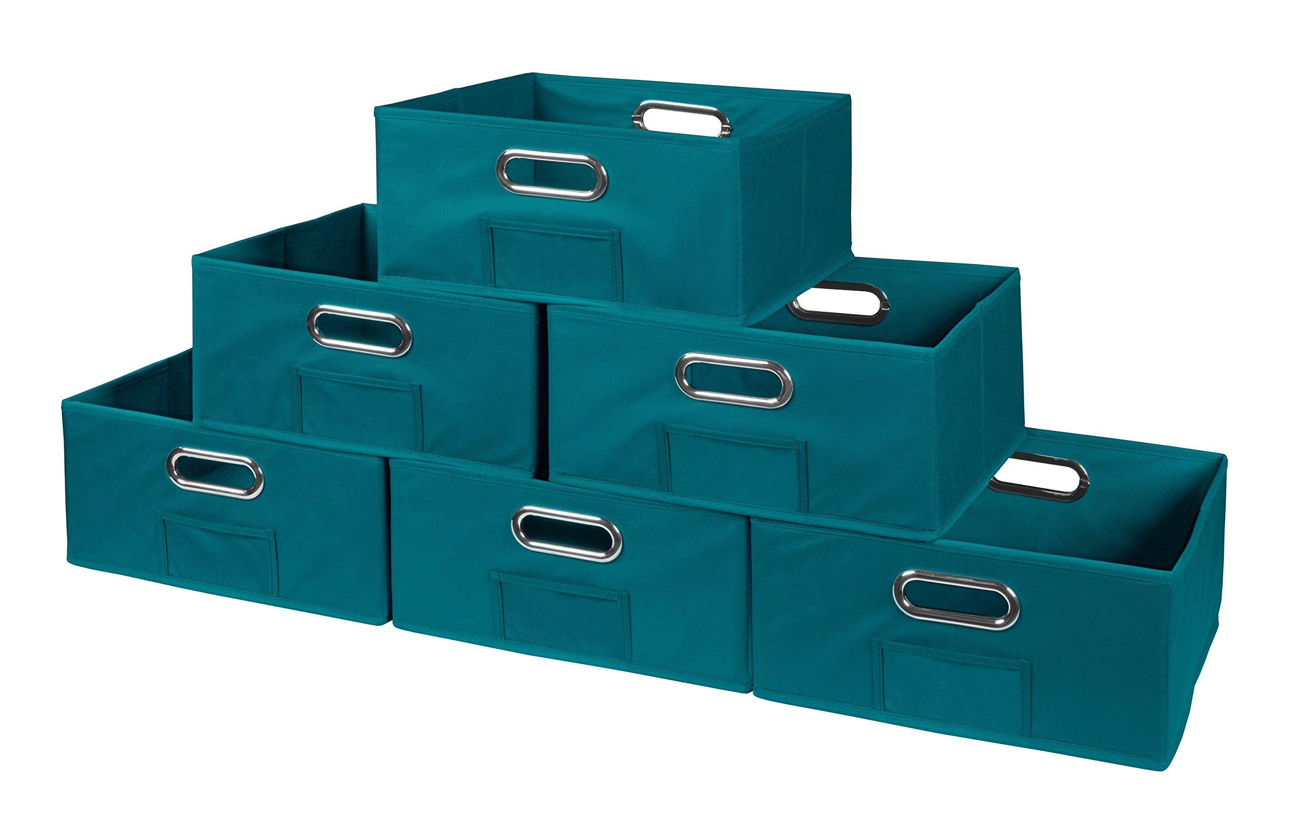 Cheer Home 6-Piece Foldable Fabric Storage Bins Set - Low Square Baskets for Organizing Closet, Nursery & Living Room - Teal Color Home Organization Solution
