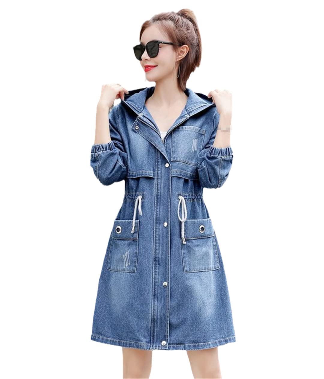 Women's Casual Denim Jacket - Loose Fit Drawstring Jean Coat for Spring & Fall | Perfect for Outdoor Activities, Streetwear & Everyday Fashion