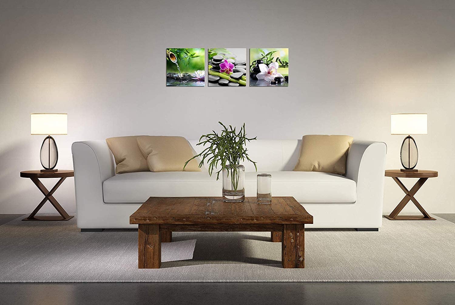 TutuBeer Zen Art 3-Panel Canvas Painting - Green Bamboo & Pink Flowers Wall Decor for Home, Spa & Bathroom - Stretched & Framed 20x20 Inch Each - Perfect for Meditation Rooms, Yoga Studios & Relaxation Spaces