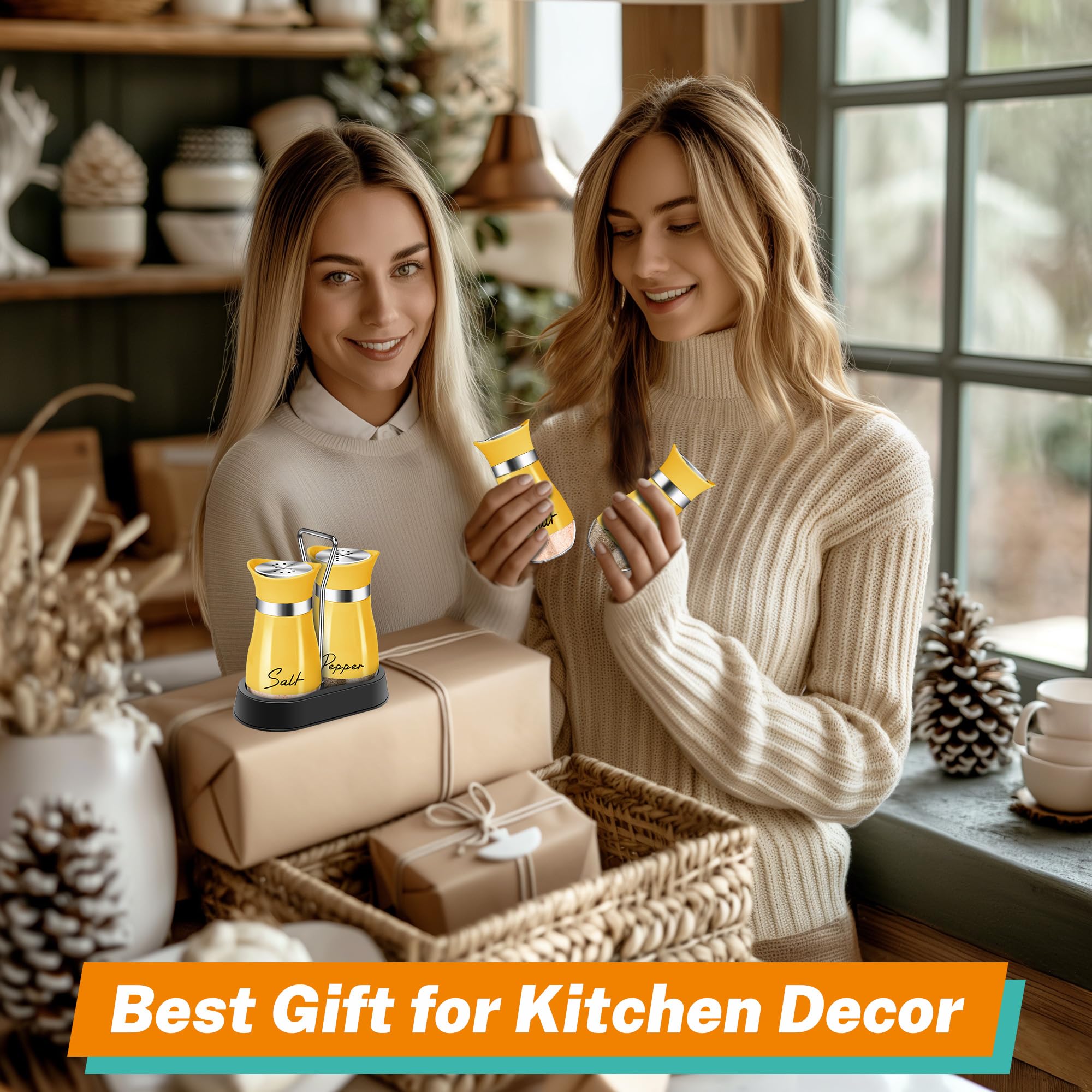 Yellow Salt and Pepper Shakers Set with Holder - 4 oz Refillable Farmhouse Kitchen Decor, Cute Table Accessories & Housewarming Gift for Thanksgiving Christmas (Yellow) - Perfect for Dining Tables, Kitchen Countertops, and Holiday Decorations