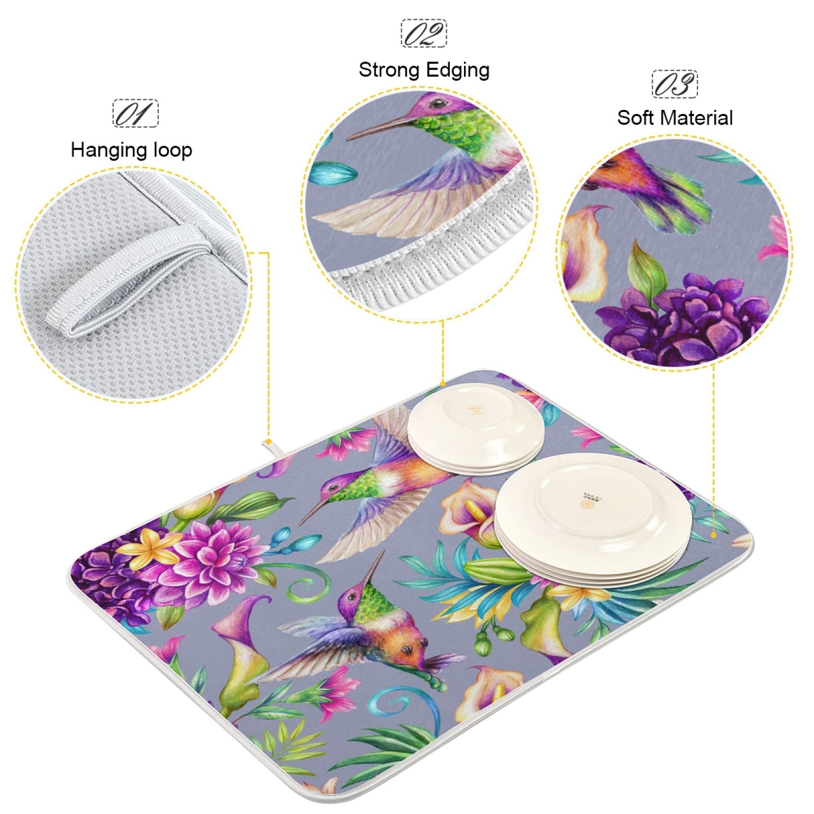 Hummingbird Print Polyester Dish Drying Mat - 24x18 Inch Absorbent Kitchen Counter Mat with Hanging Loop | Perfect for Drying Dishes, Protecting Countertops & Adding Decorative Touch to Your Kitchen